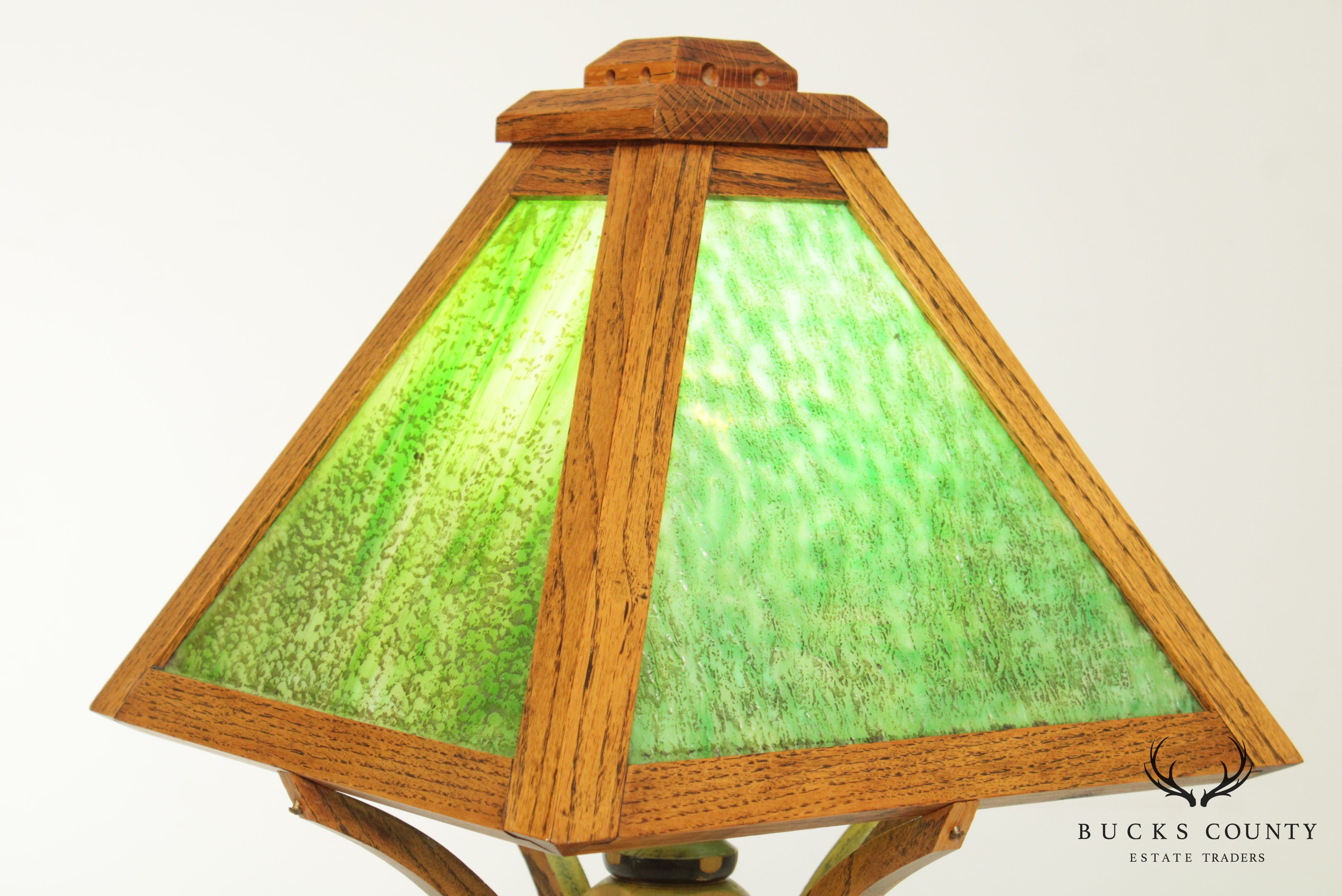 Mission Arts & Crafts Vintage Oak Slag Glass Table Lamp