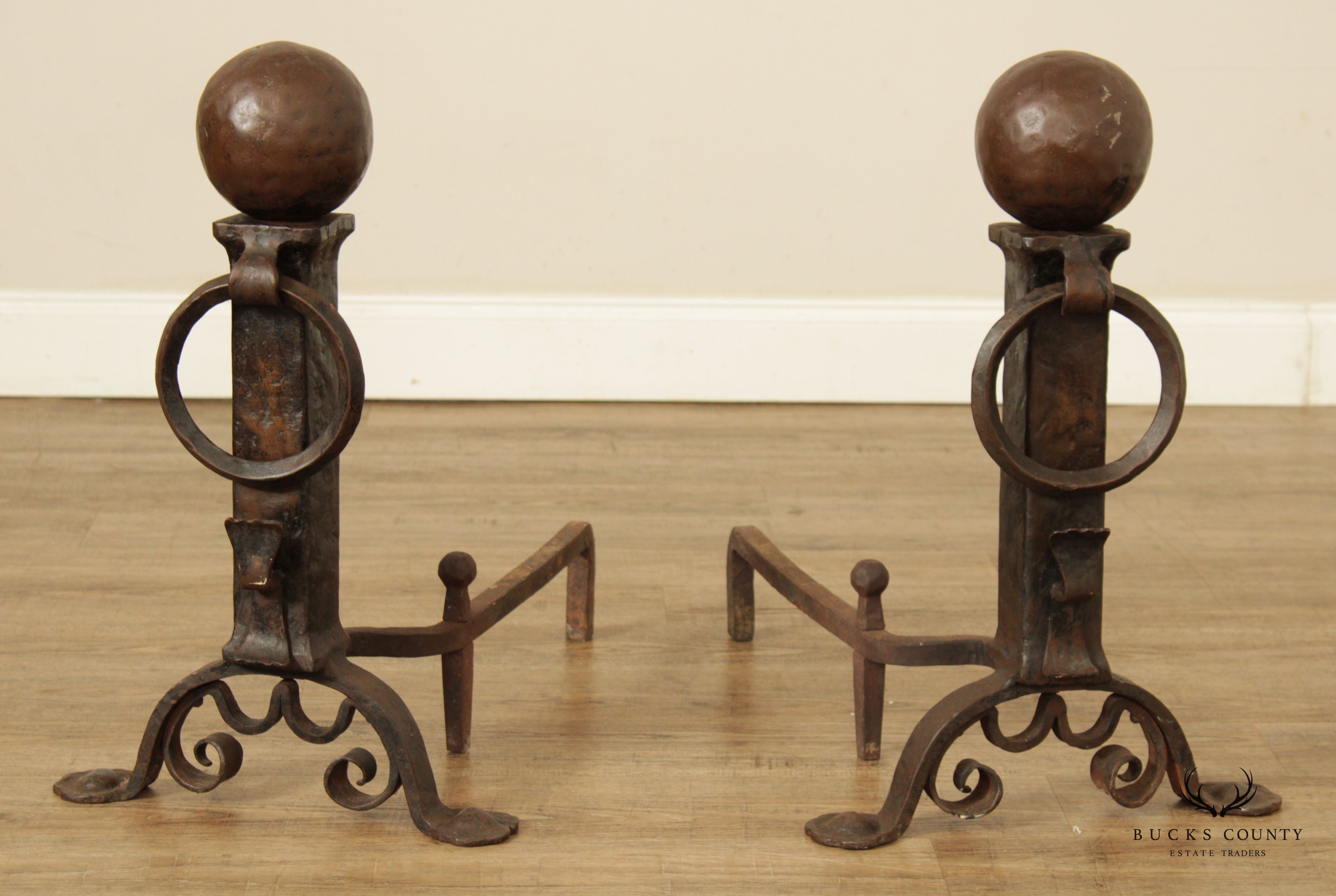 Arts & Crafts Antique Pair of Wrought Iron Andirons