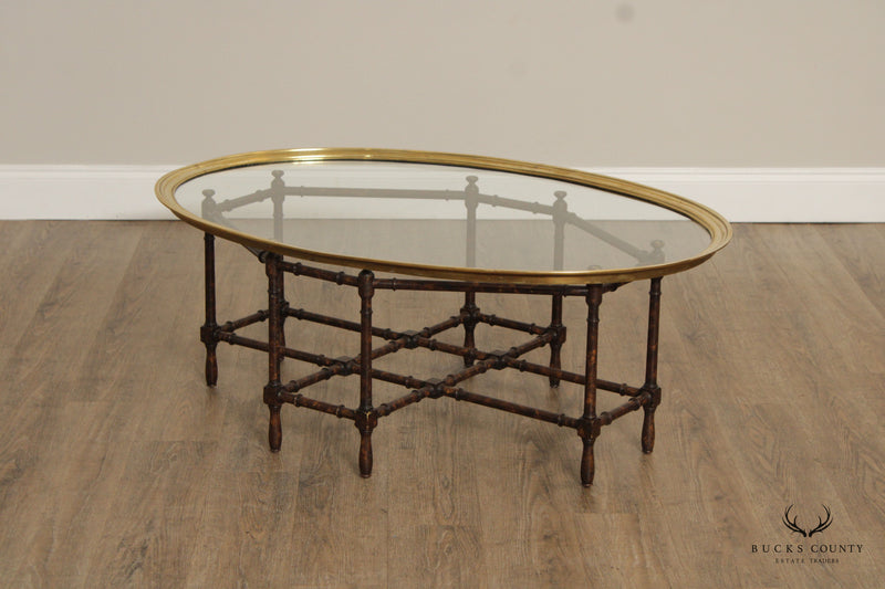 BAKER FURNITURE BRASS AND OVAL GLASS FAUX BAMBOO HOLLYWOOD REGENCY COCKTAIL TABLE