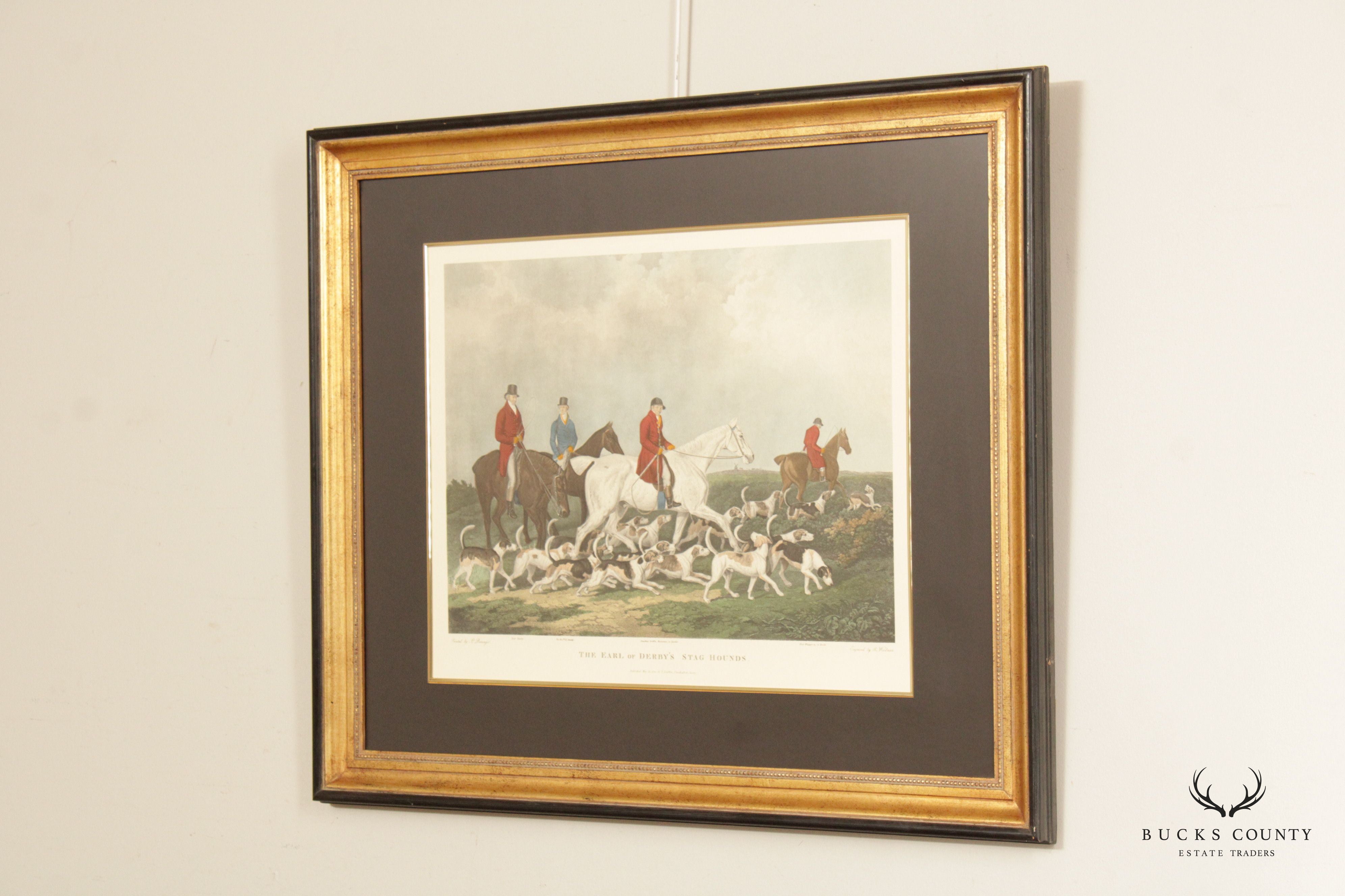 Antique English 'The Earl of Derby's Stag Hounds' Colored Engraving, After James Barenger