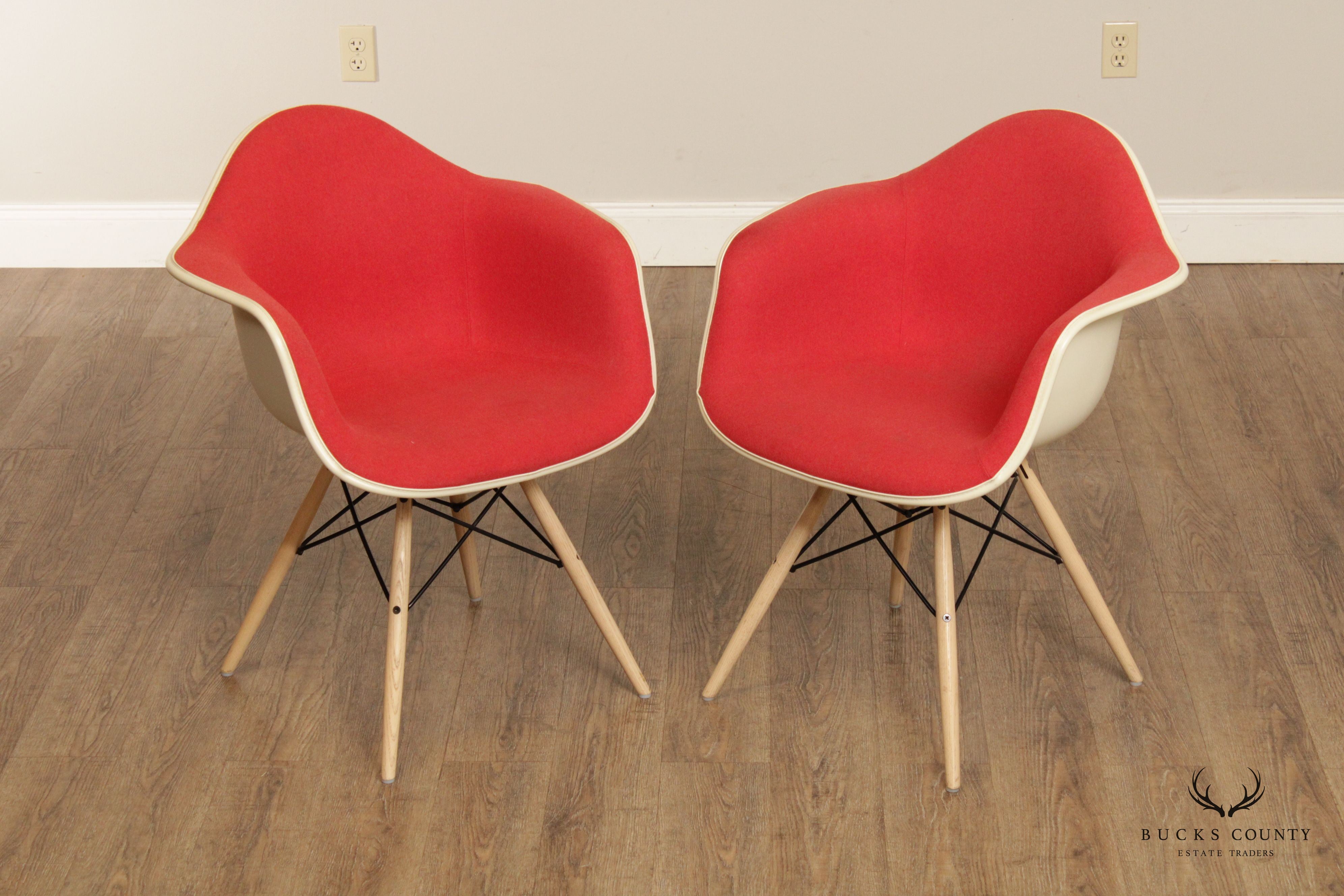 Eames Pair Upholstered Molded Fiberglass Armchairs