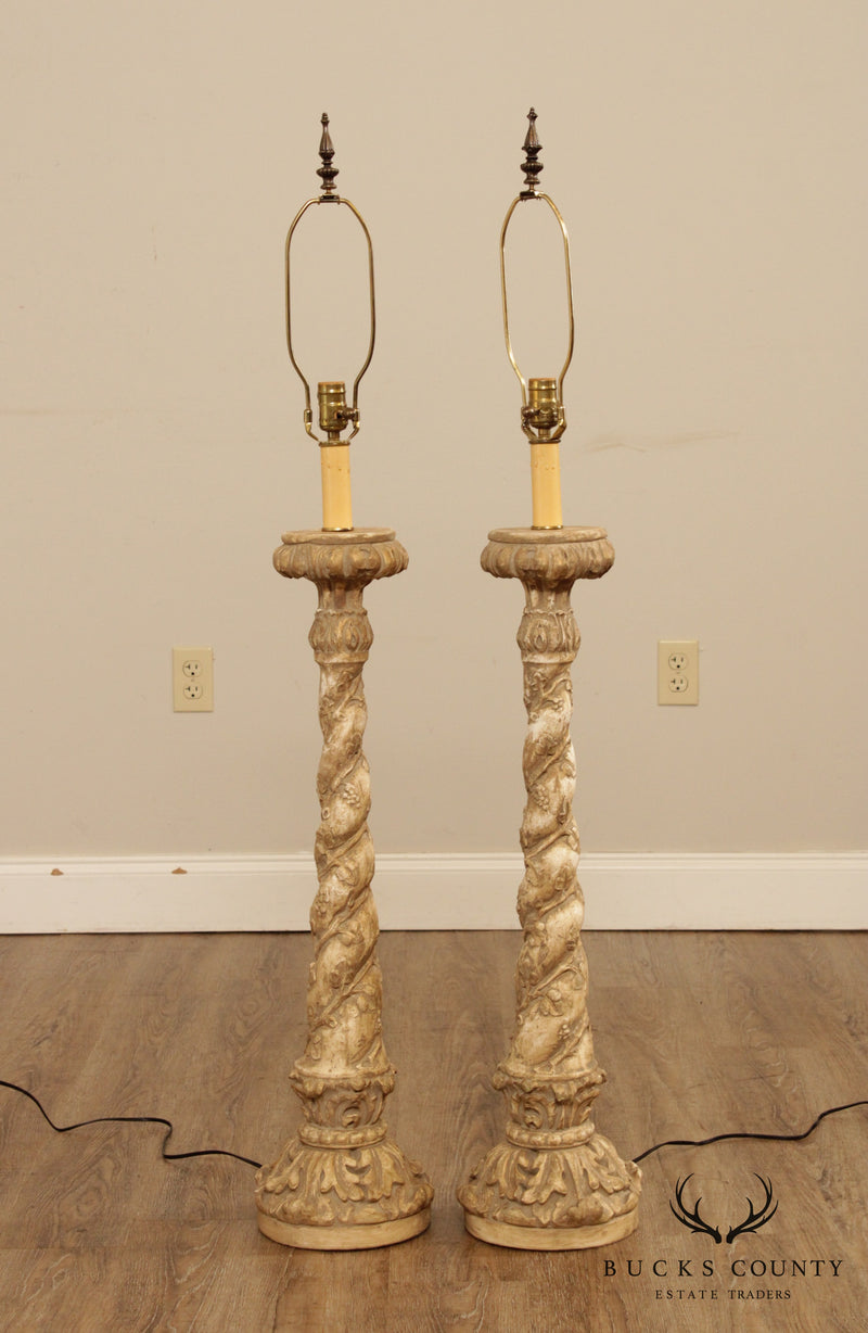 Milano Designs Tall Pair Carved Twisted Torchier Candlestick Table Lamps