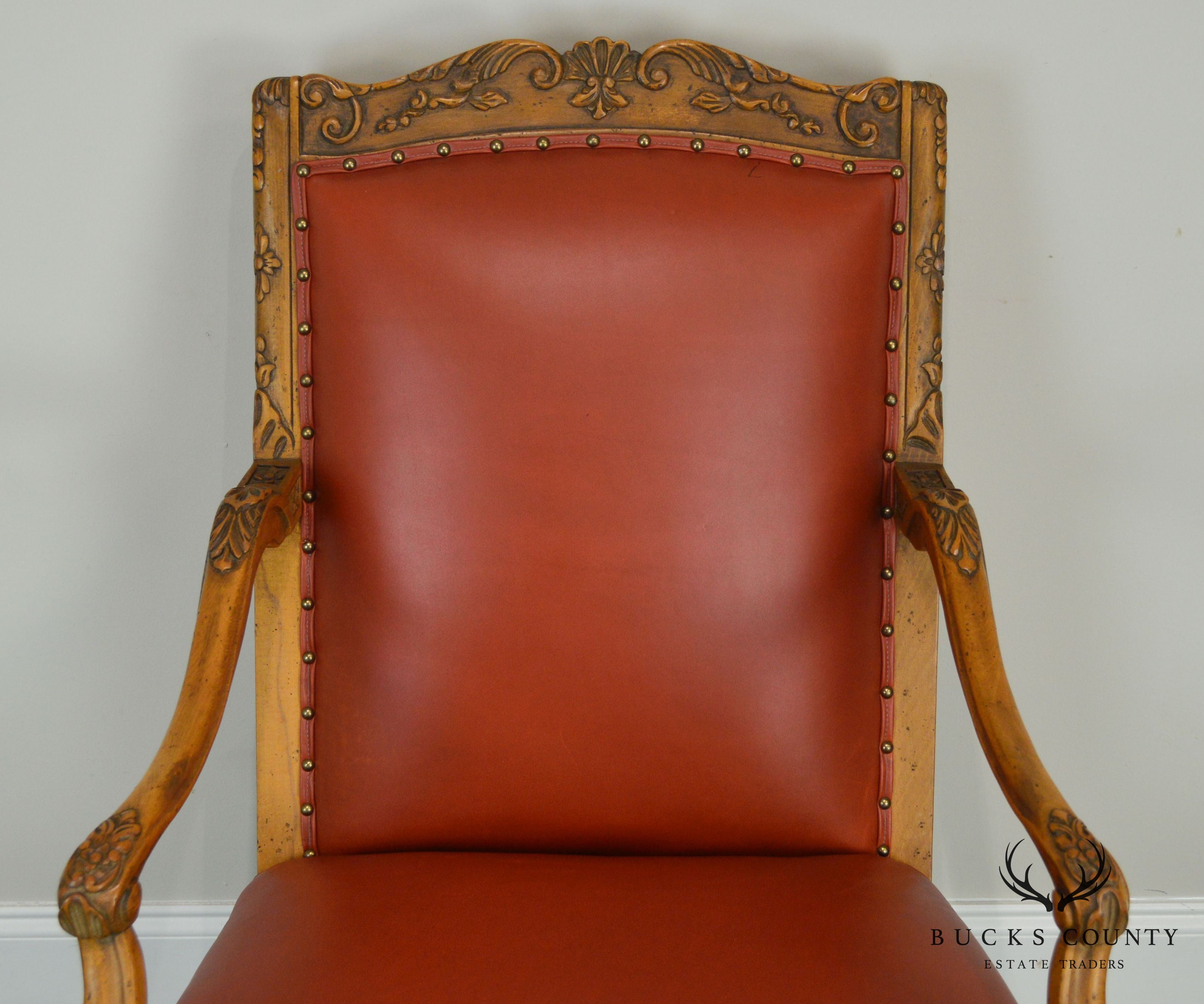 Baker Vintage French Louis XV Style Large Leather Fautevil Arm Chair