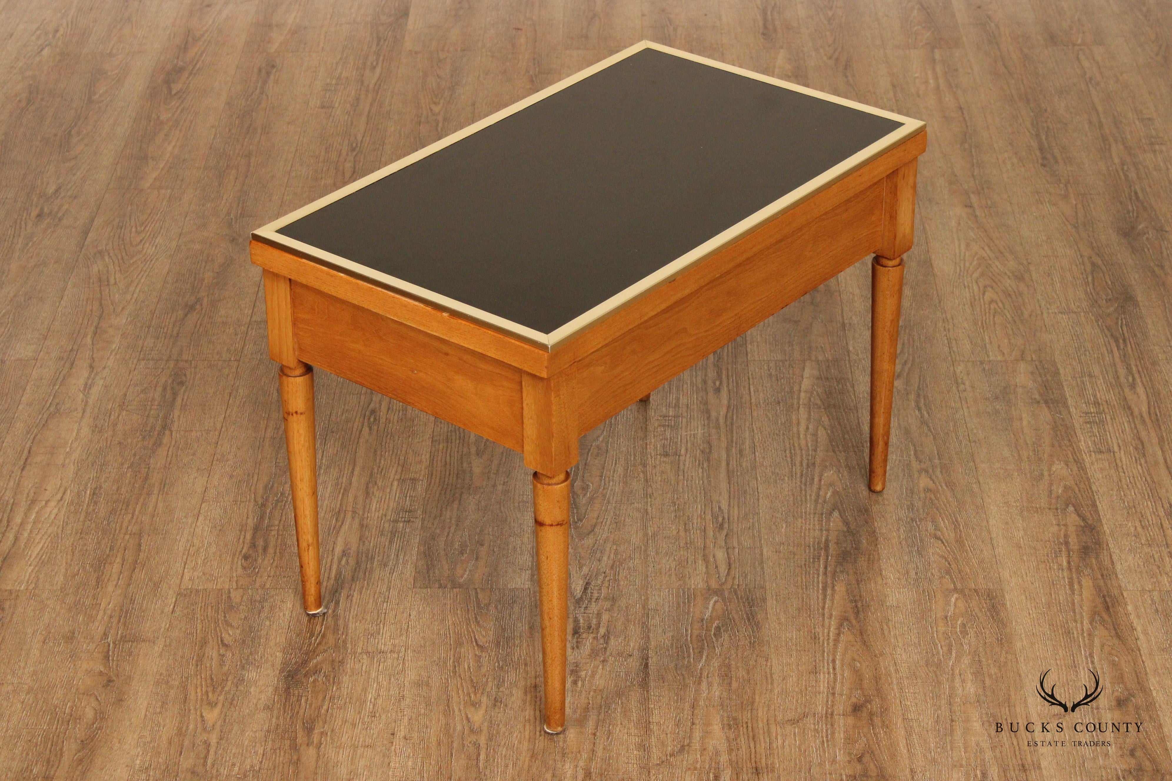 Mid Century Modern Directoire Style Pair of Black Glass Top Fruitwood Side Tables