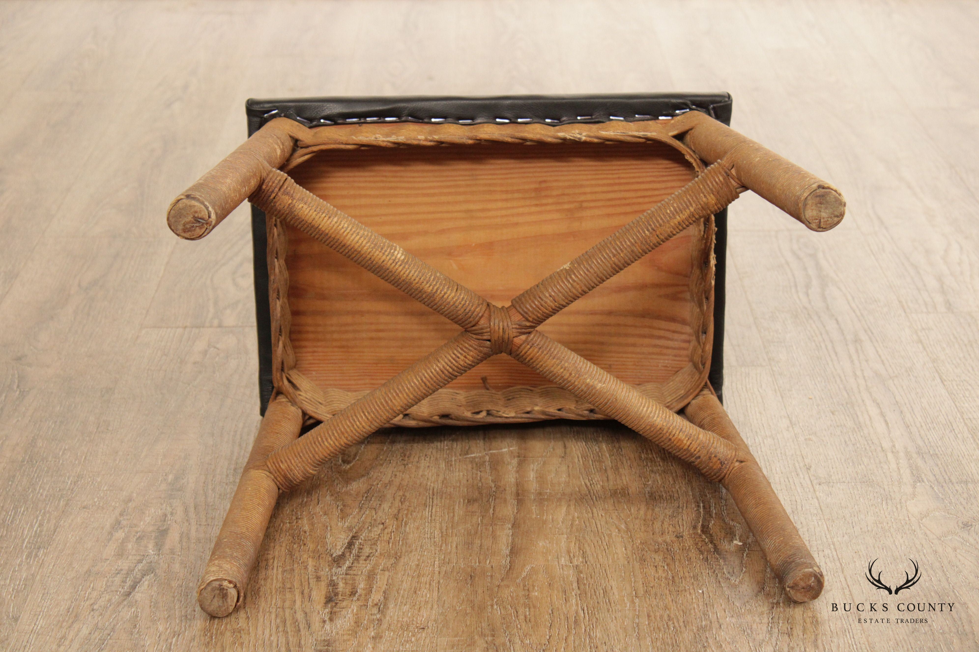 Antique Victorian Wicker and Leather Footstool or Bench