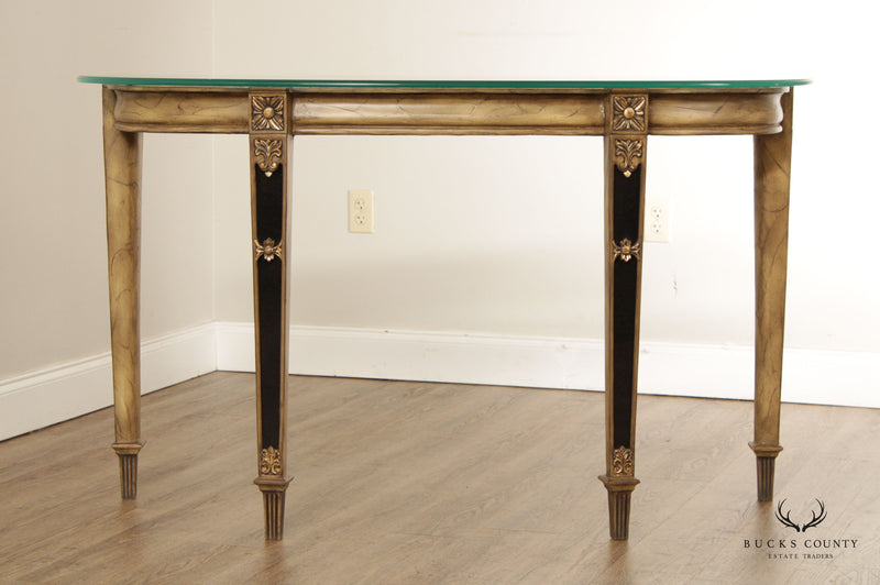 French Louis XVI Style Glass Top Demilune Console Table