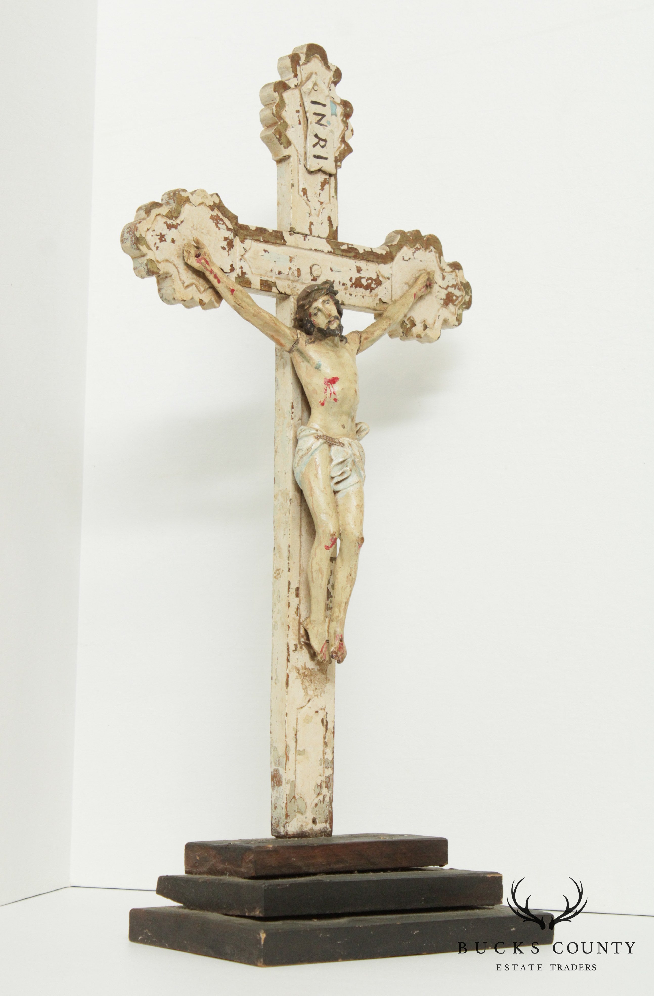 Antique 19th Century Hand Carved Polychrome, Painted Crucifix