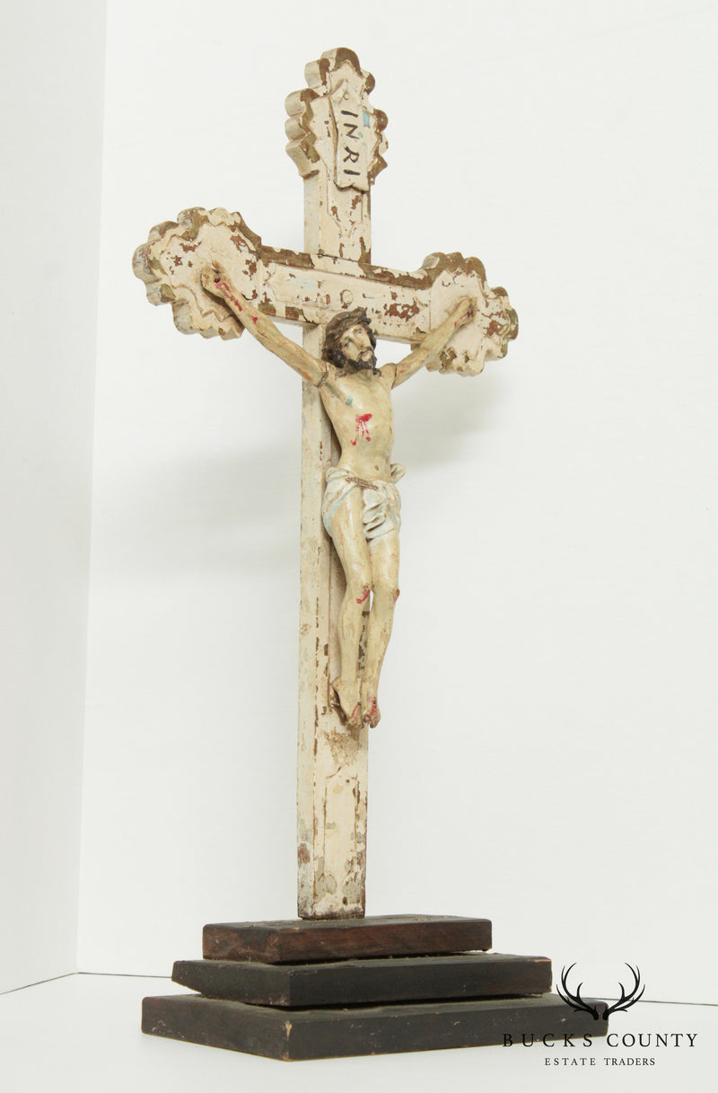 Antique 19th Century Hand Carved Polychrome, Painted Crucifix