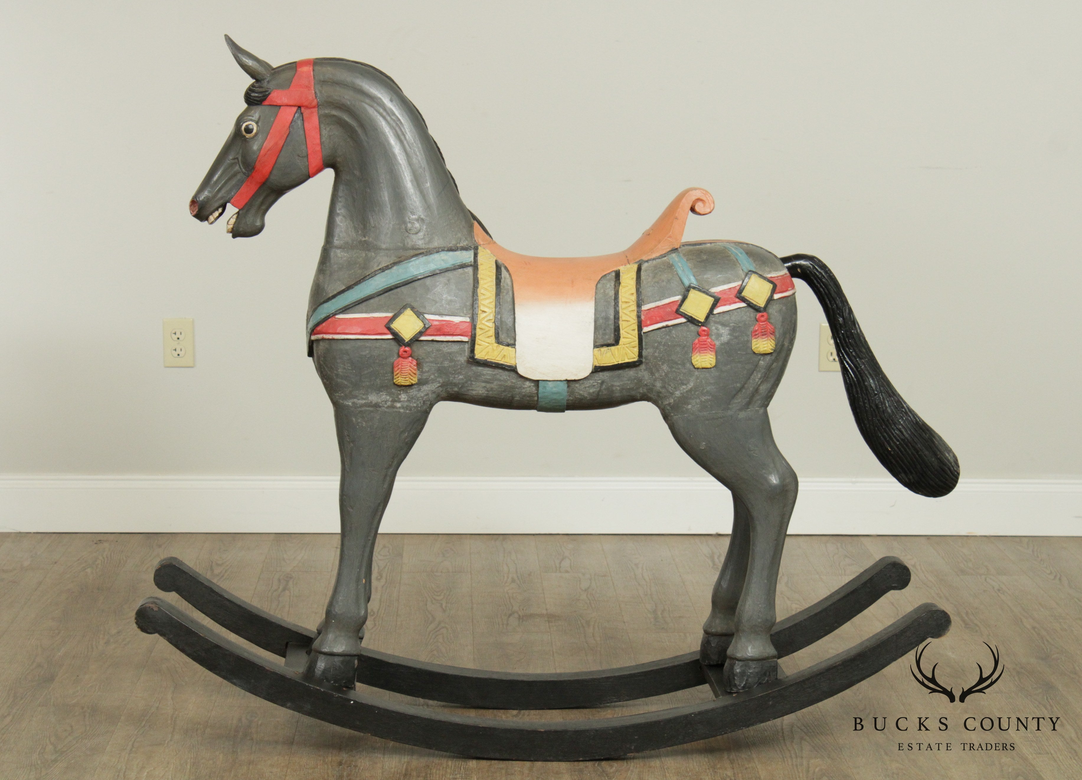 Vintage Quality Carved Wood Hand Painted Large Rocking Horse