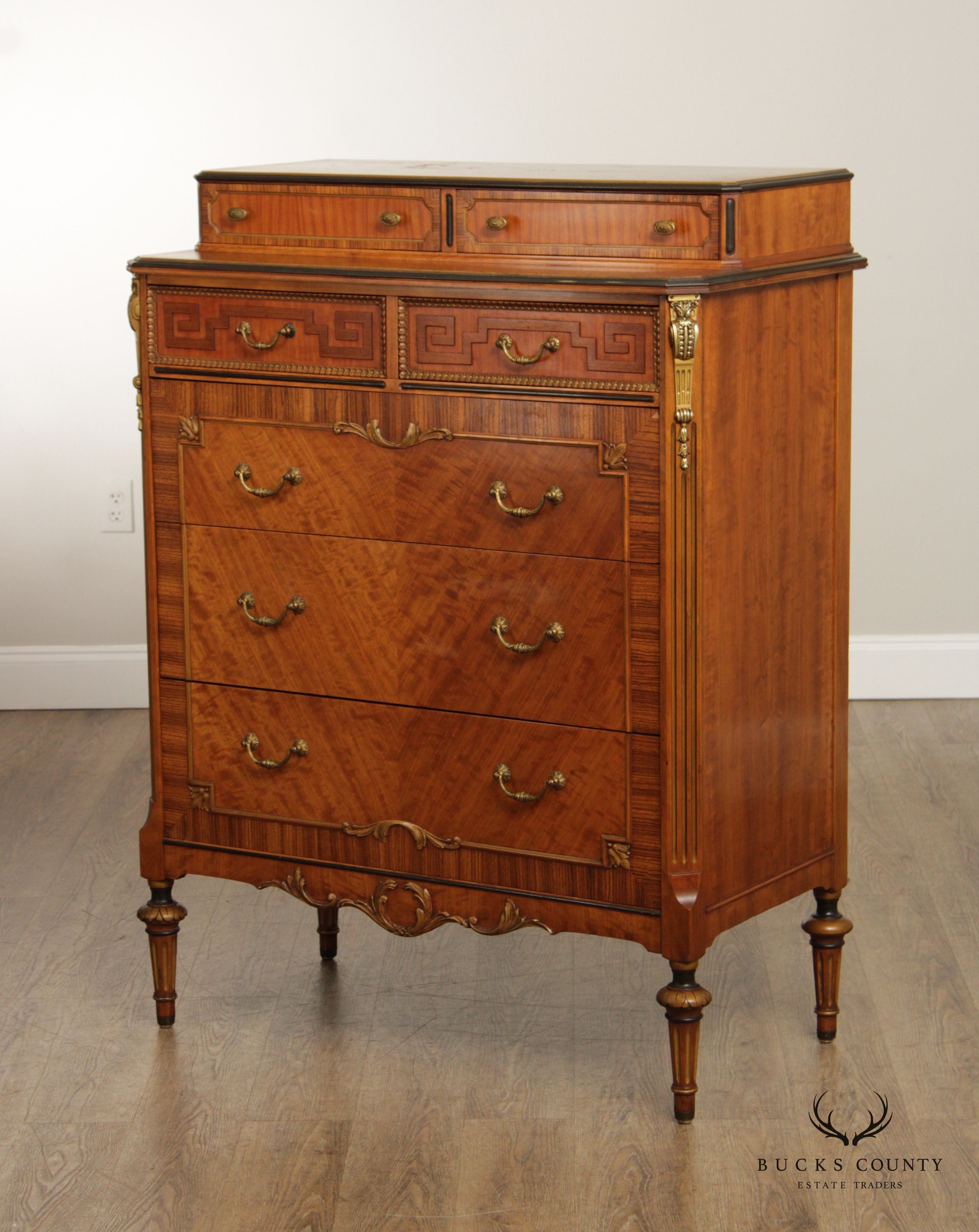 1930's French Louis XVI Style Vintage Satinwood High Chest By Sligh