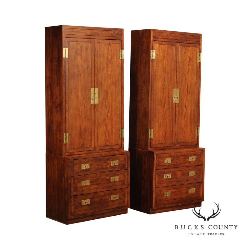 Henredon 'Scene One' Campaign Style Pair of Oak Armoires