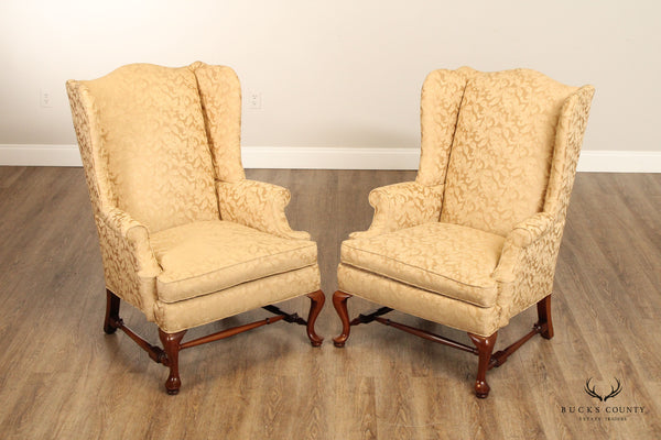 Queen Anne Style Pair of Mahogany Wingback Armchairs