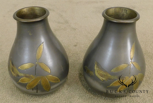 CPO Occupied Japan Pair Incised Bronze Vases with Birds