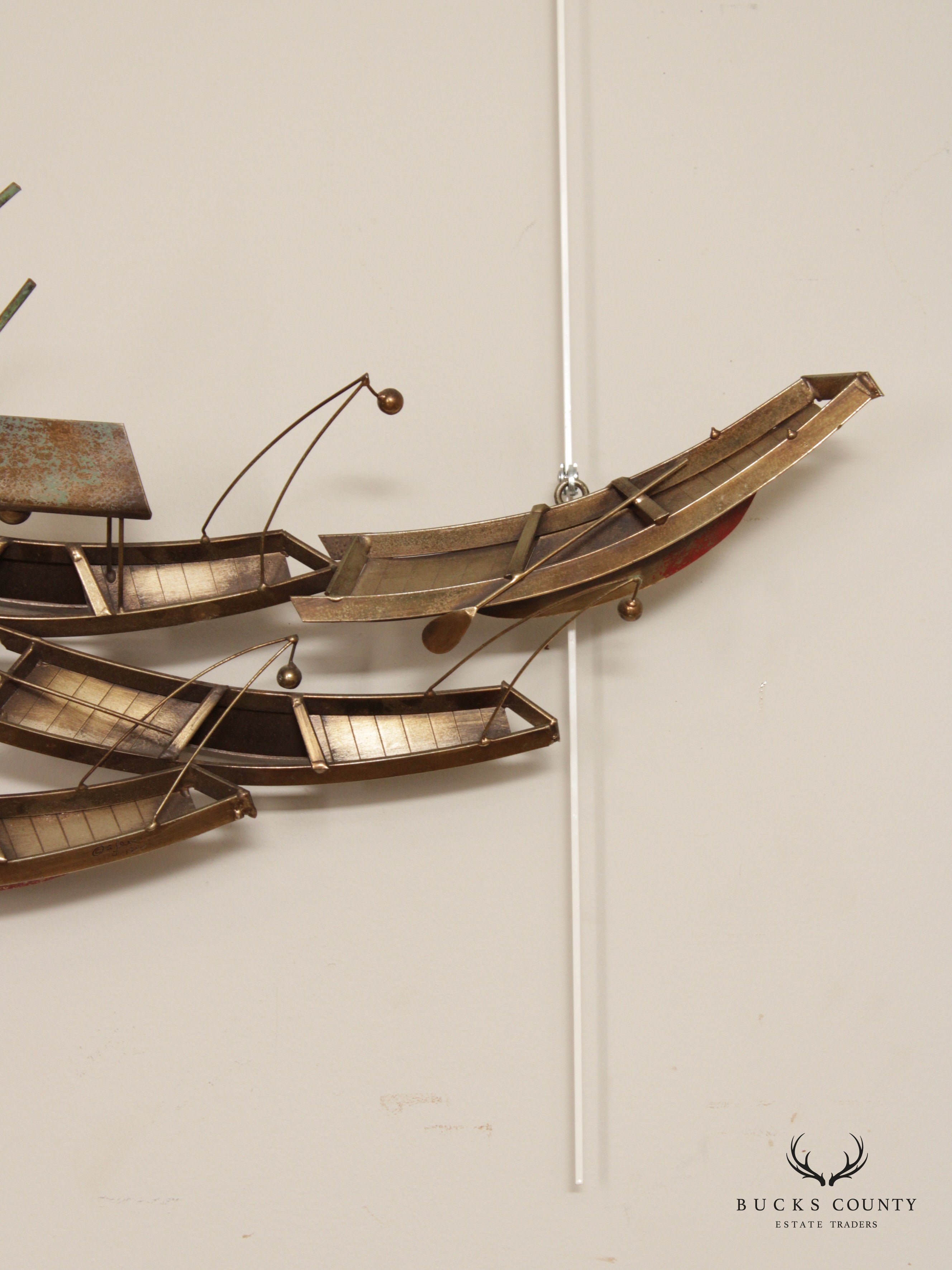 Curtis Jere Vintage Brass Metal Wall Sculpture of Asian Boats and Bamboo