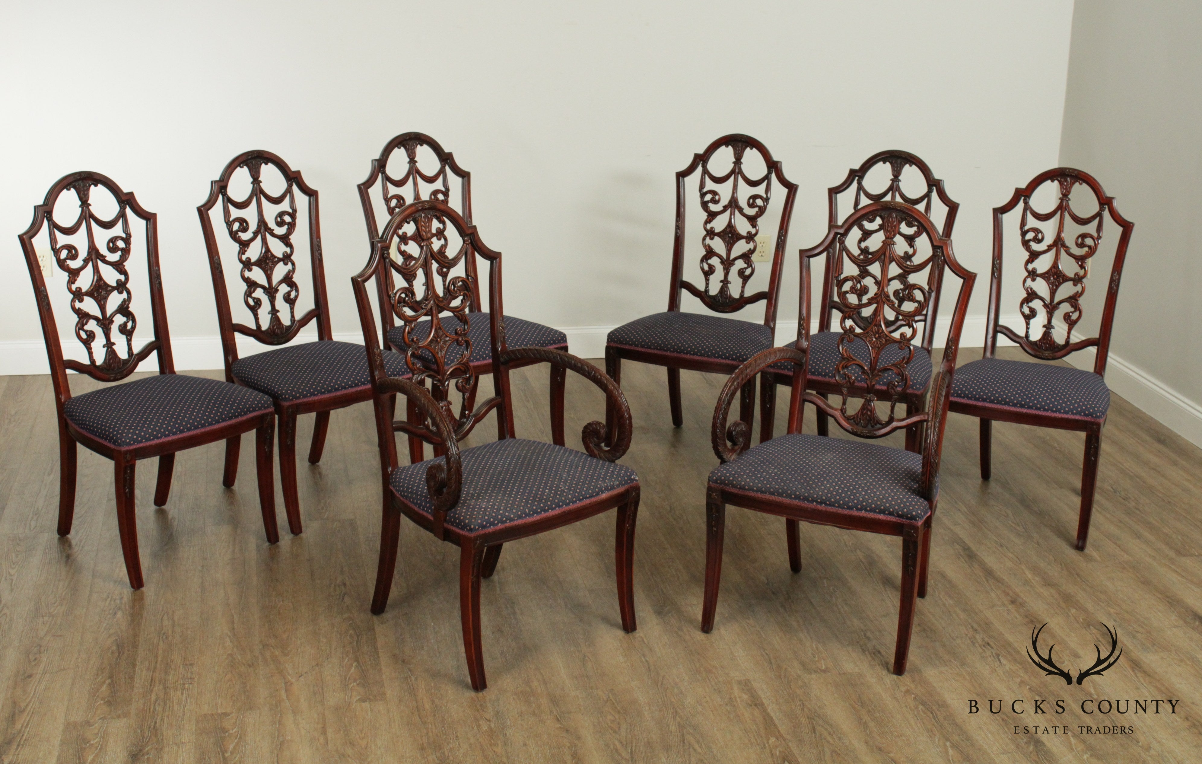 Georgian Style Vintage Carved Mahogany Set 8 Dining Chairs