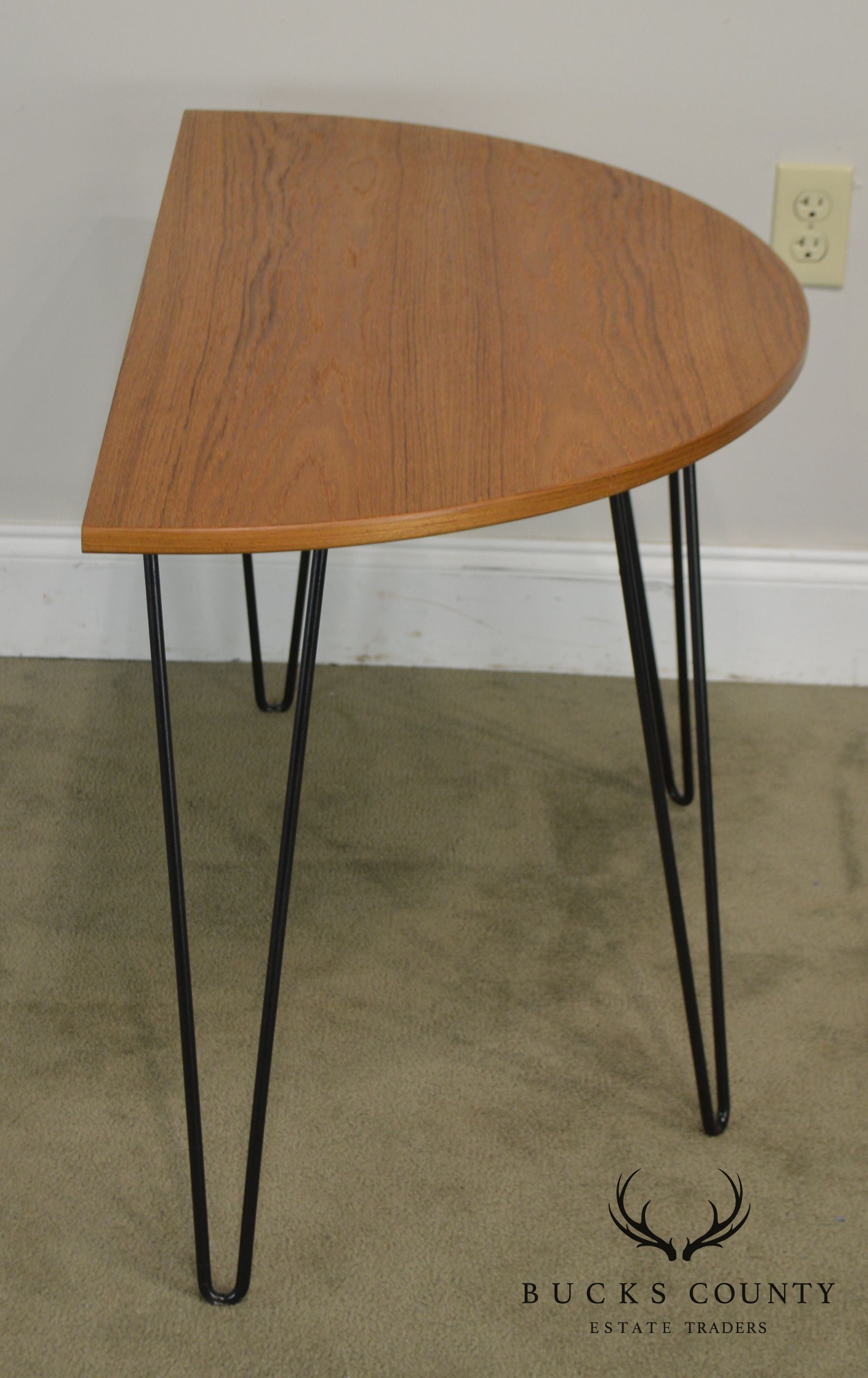 Danish Modern Style Demilune Teak Console Table with Iron Hair Pin Legs