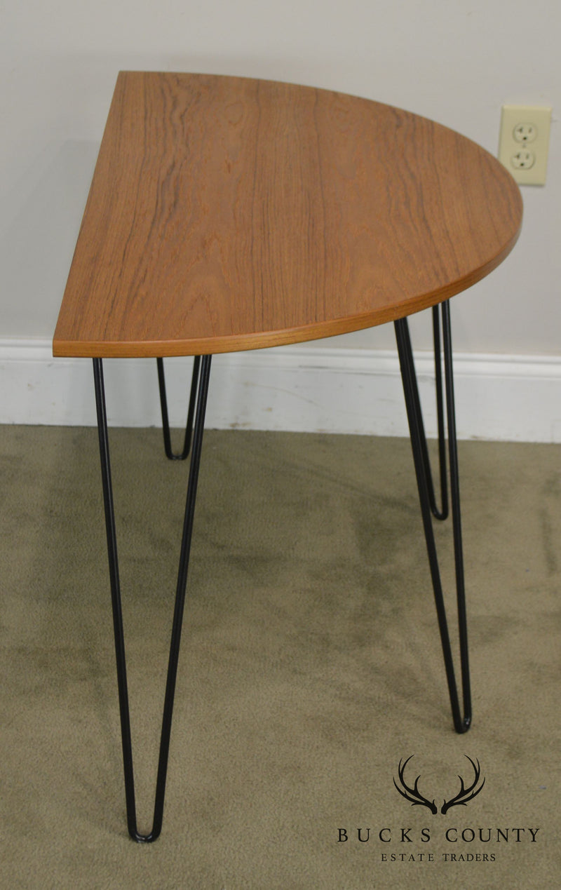 Danish Modern Style Demilune Teak Console Table with Iron Hair Pin Legs