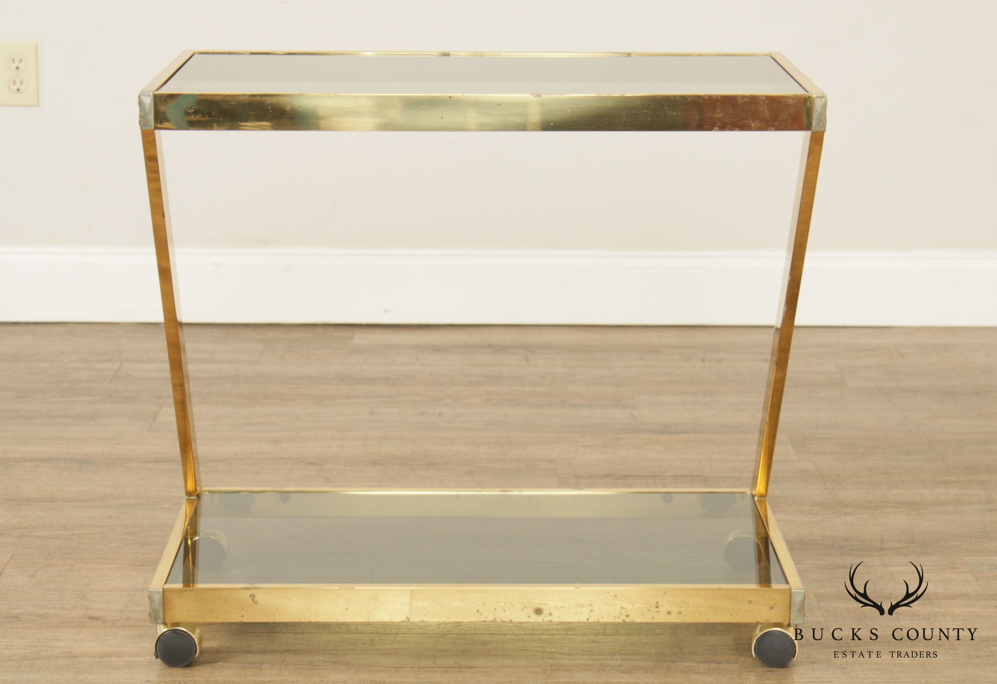 Modernist Brass and Smoked Glass Z-Form Two Tier Bar Cart