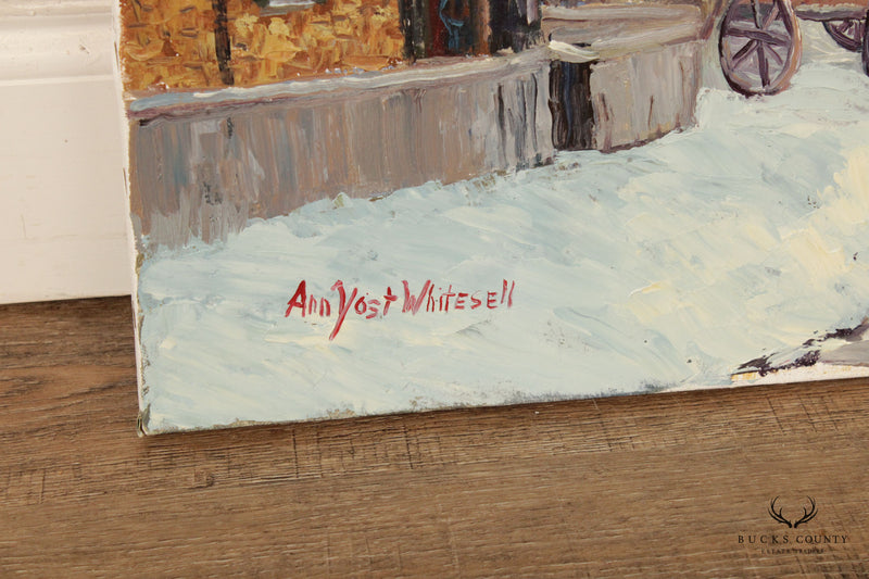 Ann Yost Whitesell 'Old Wagon' Winter Town Landscape Original Oil Painting