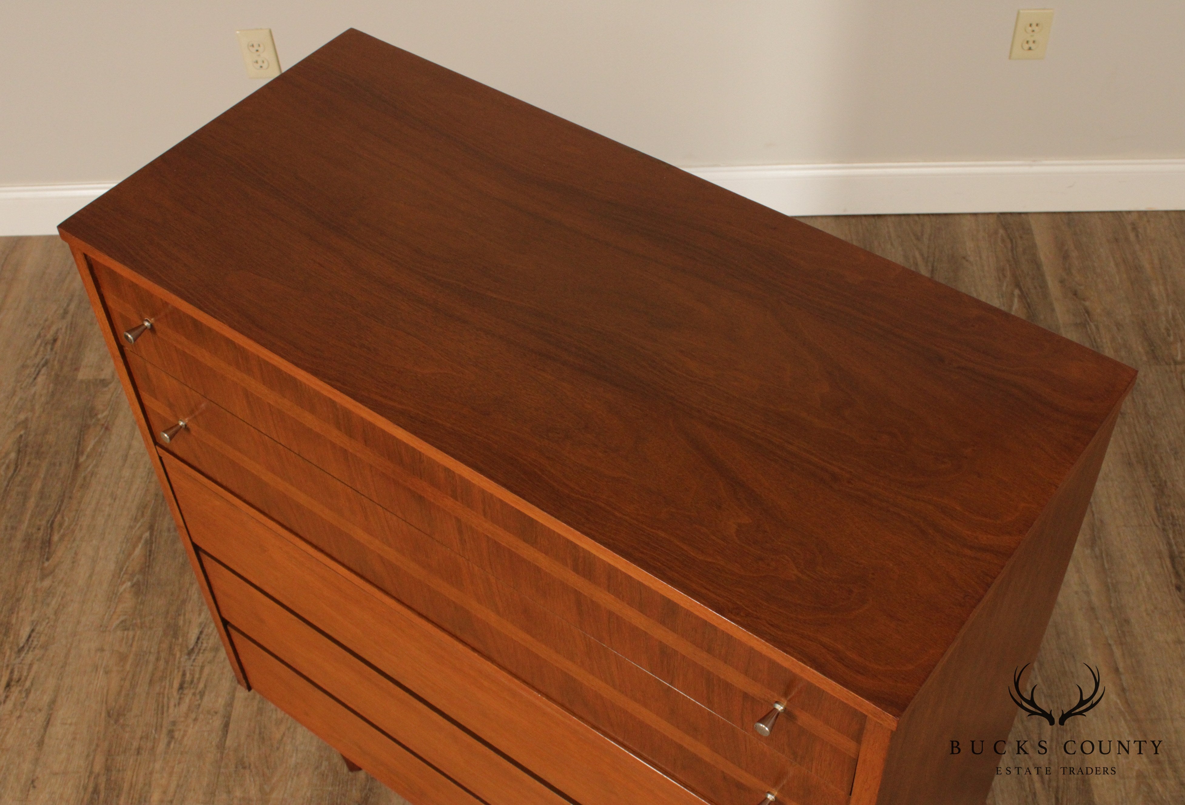 Mid Century Modern Vintage Walnut 5 Drawer Tall Chest