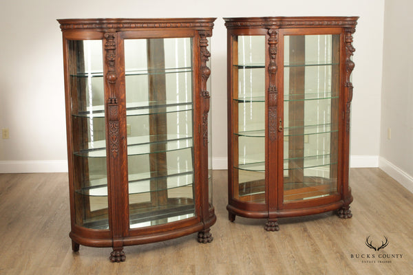 Renaissance Revival Antique Pair of Lion Carved Oak China Display Cabinets