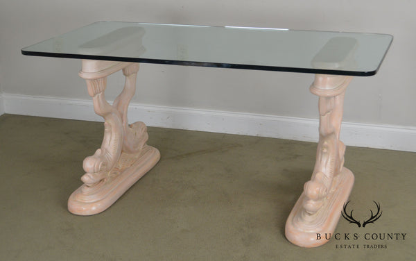 Hollywood Regency Style Vintage Carved Dolphin Base Glass Top Writing Desk