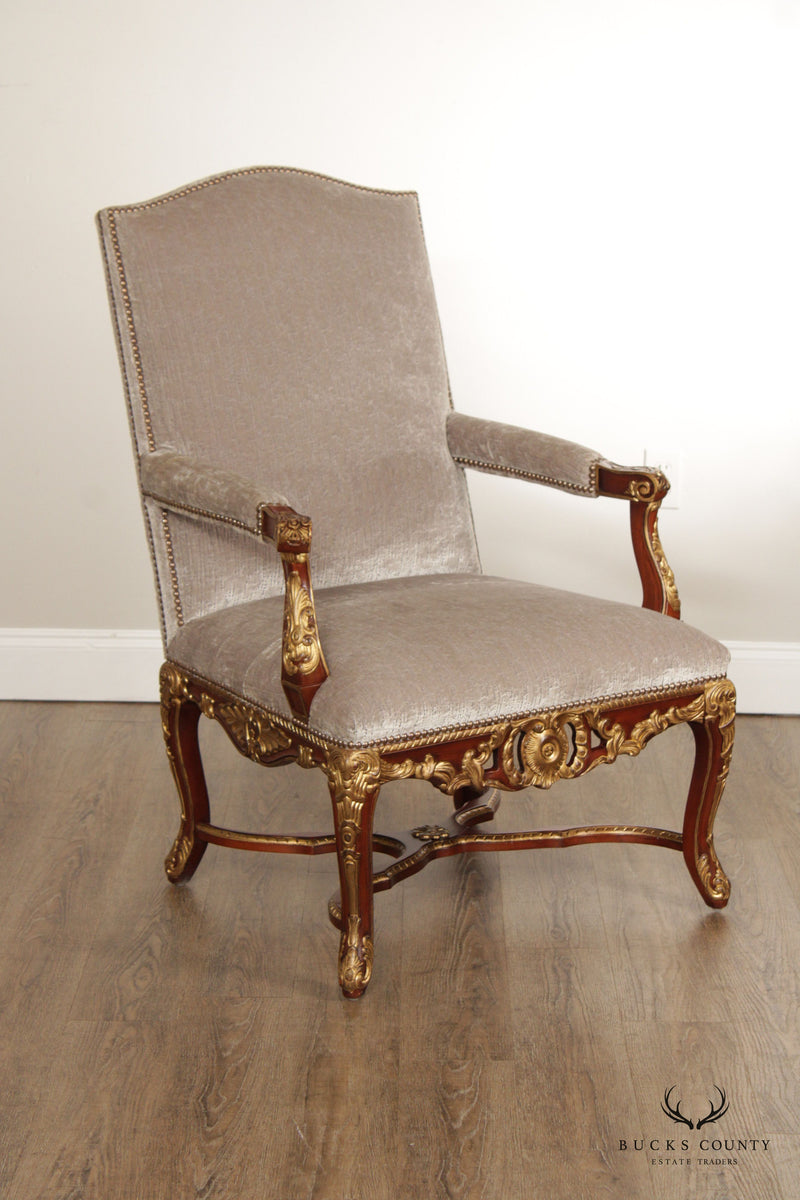EJ VICTOR FRENCH REGENCE STYLE GILT CARVED ARMCHAIR