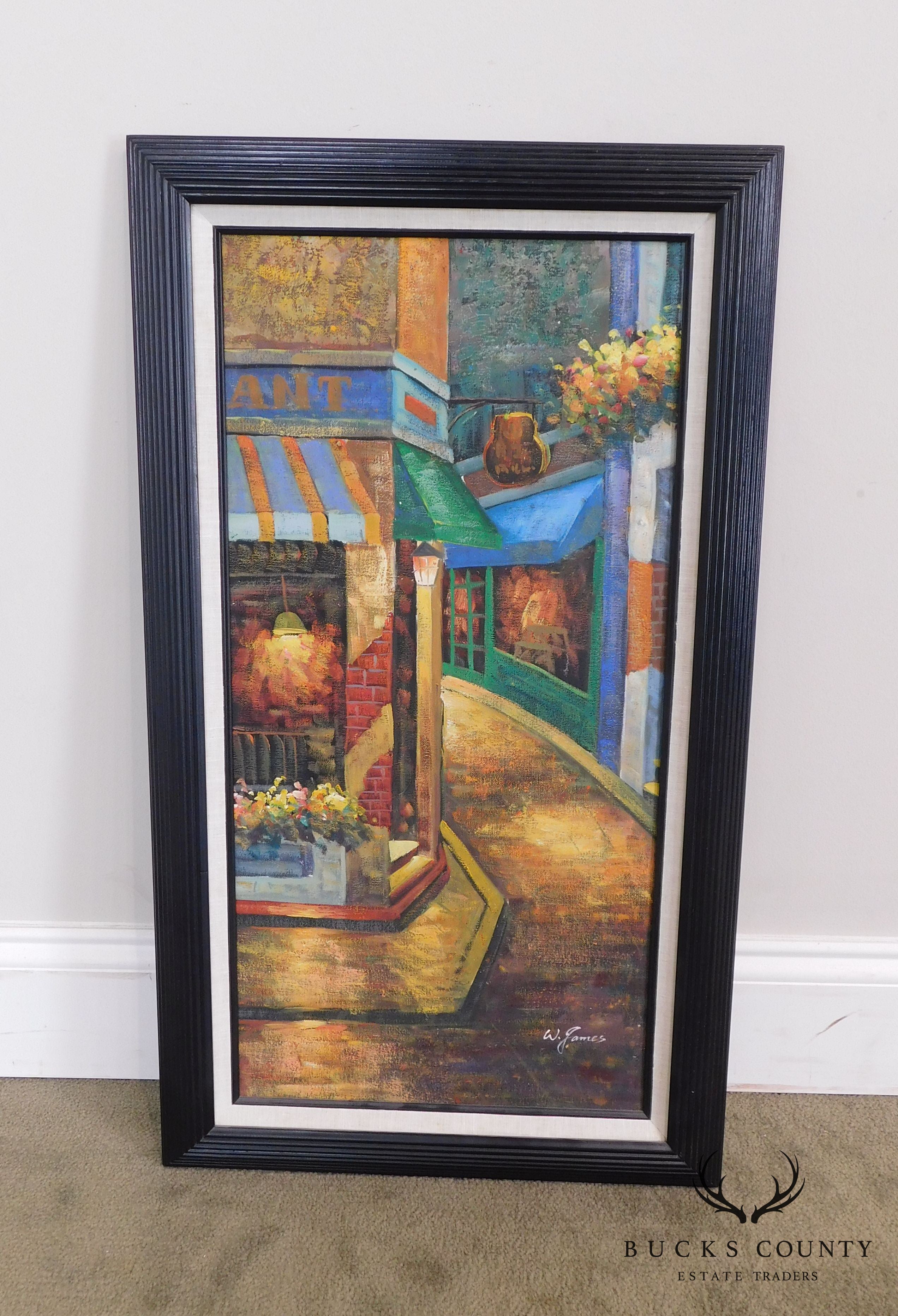 Framed Painting of Parisian Corner Restaurant and Ally Signed W. James