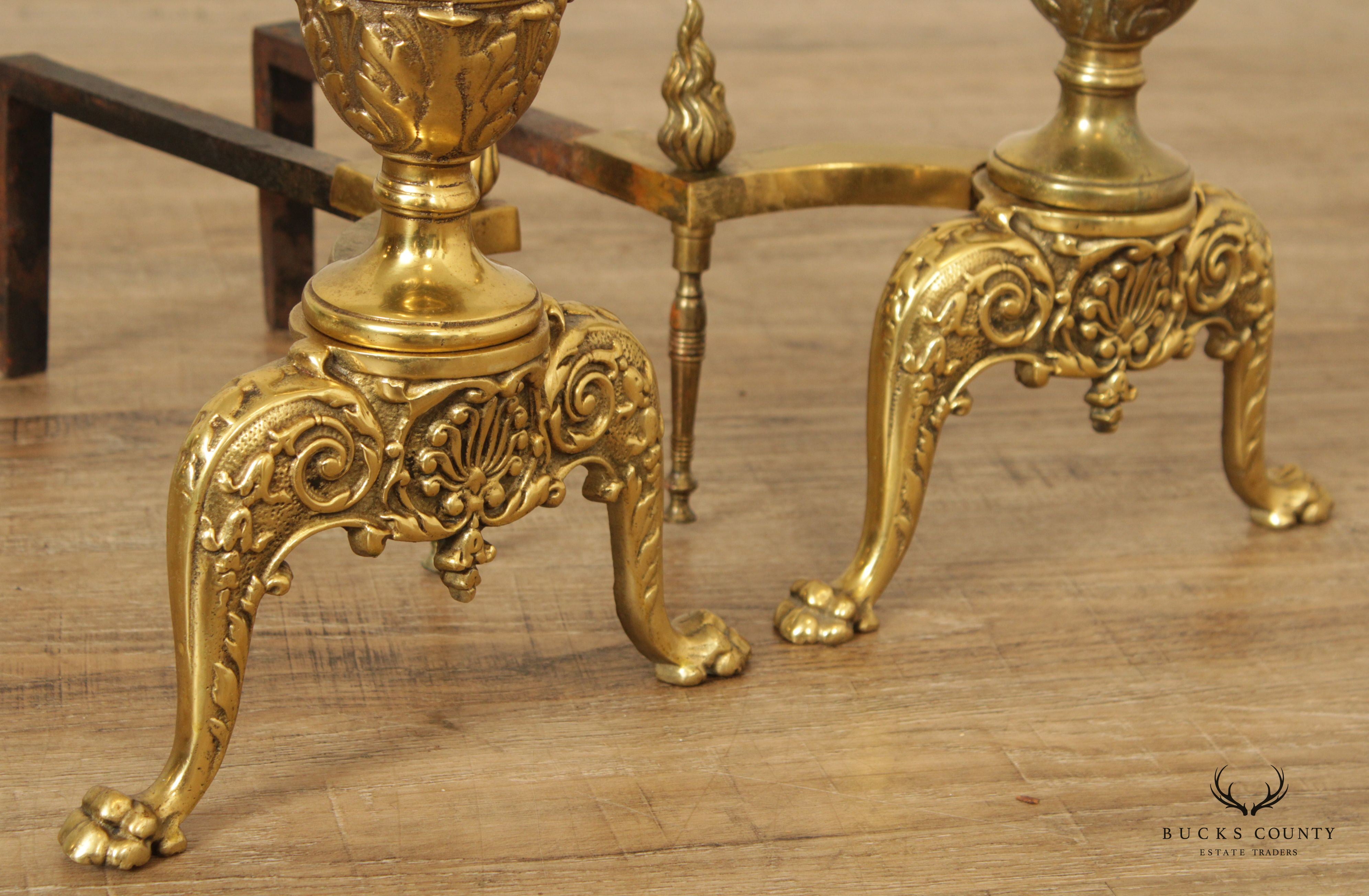 Vintage Pair of Neoclassical Style Brass Andirons