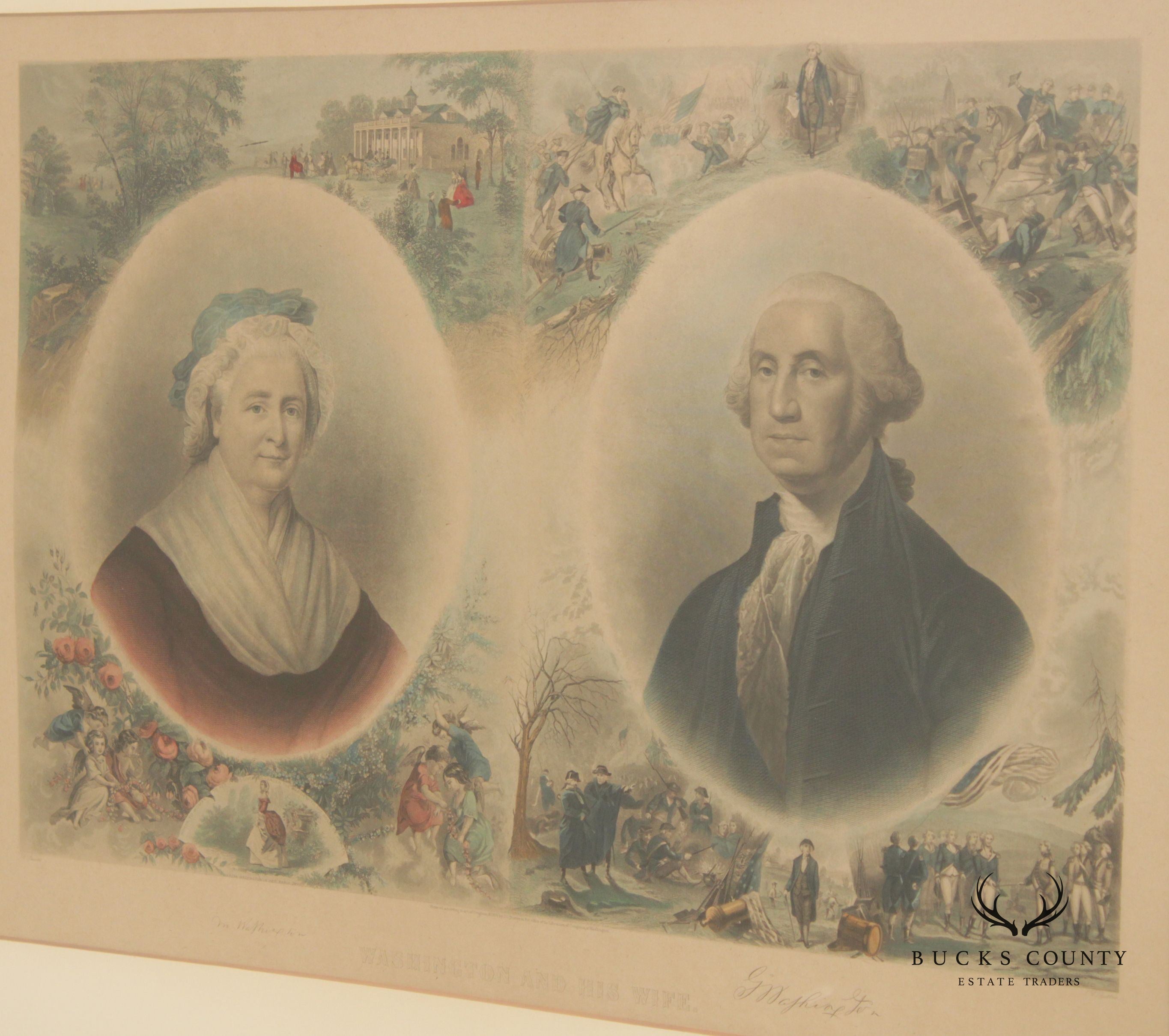 Antique 19th C. 'Washington and His Wife' Colored Engraving, After Gilbert Stuart