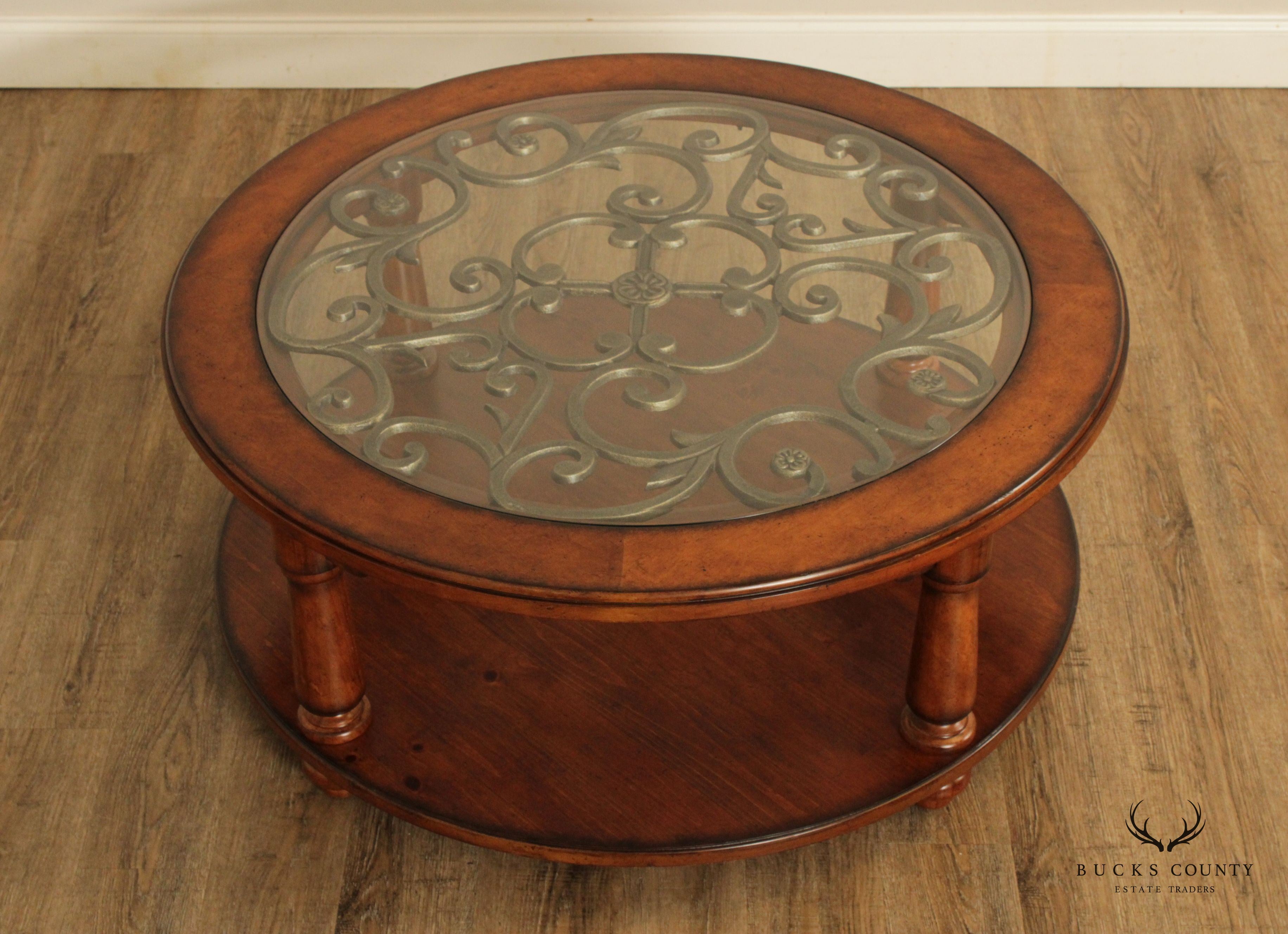 Rustic European Style Wood and Glass Top Iron Scroll Round Cocktail Table