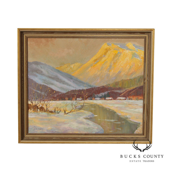American 20th Century Winter Mountain Town Landscape Original Oil Painting by Ed Hall