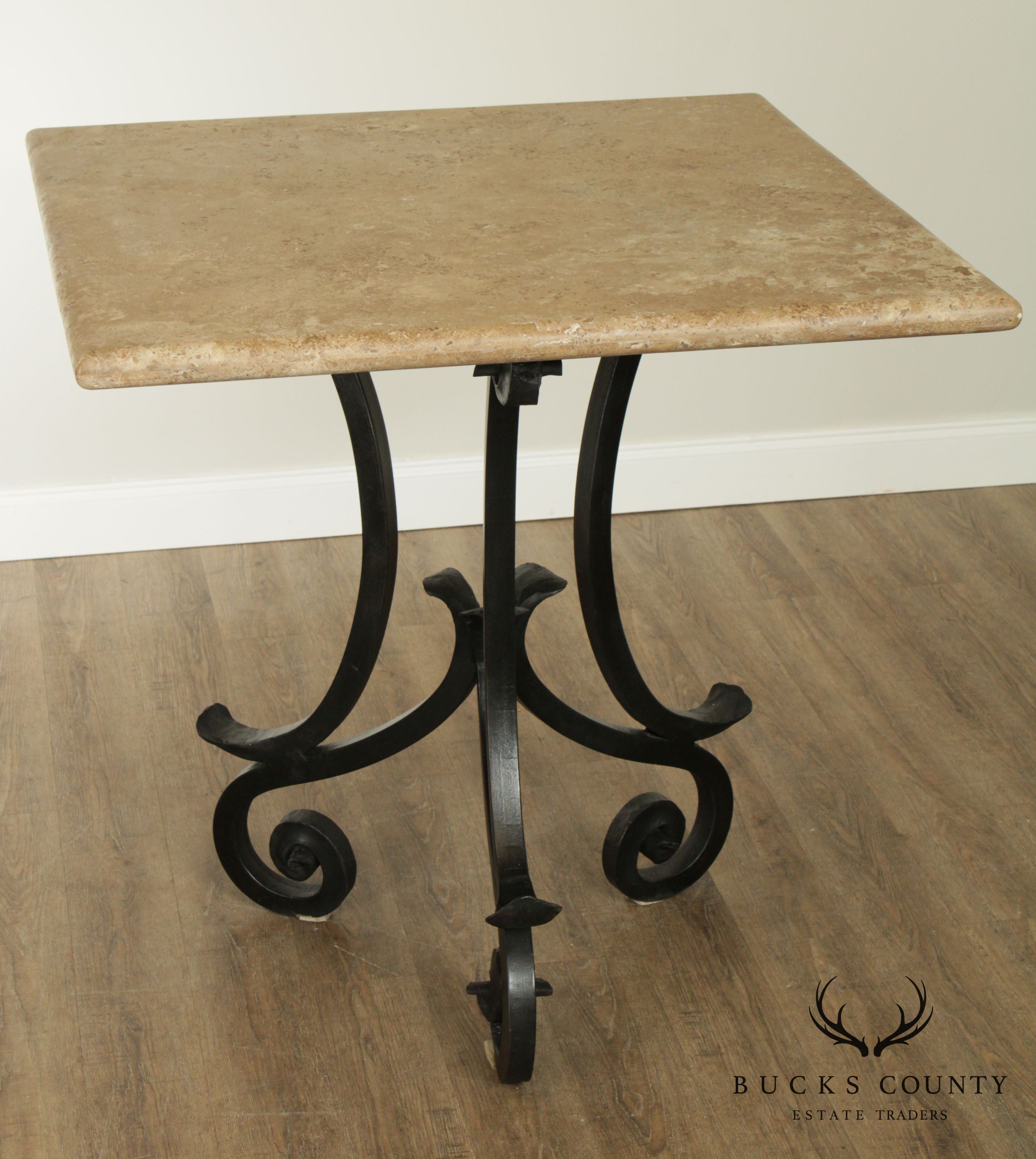 Hand Forged Iron Base 42" Pub Table Square Travertine Top