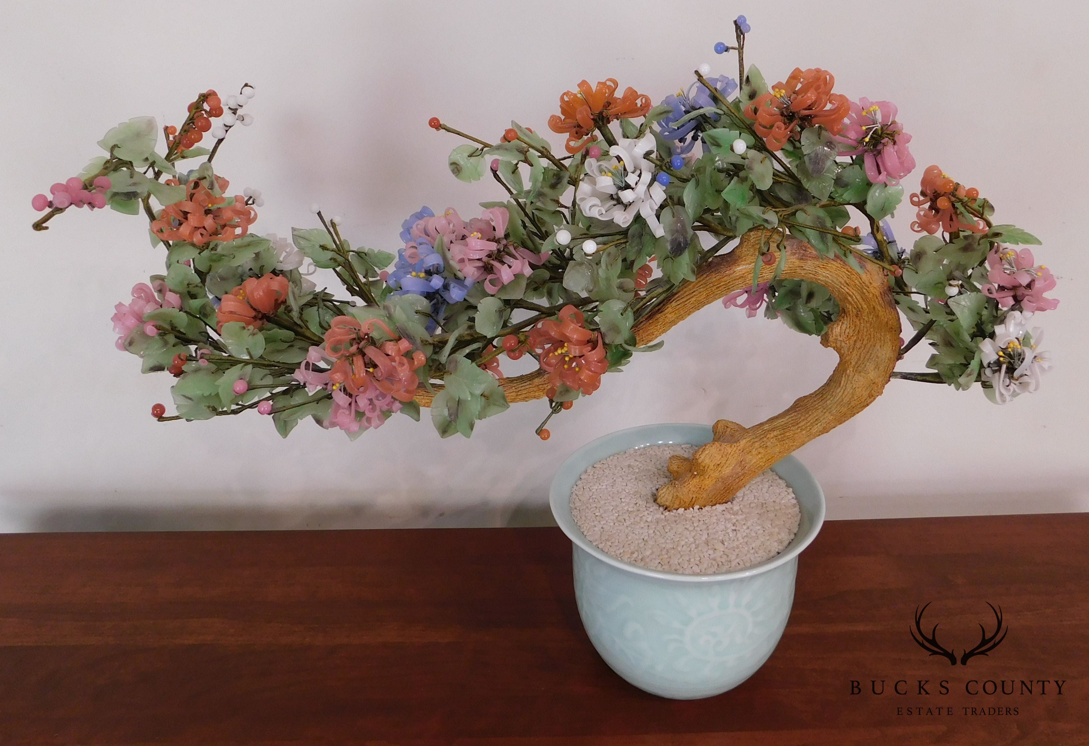 Chinese Glass and Wood Faux Bonsai Tree in White Celadon Pot