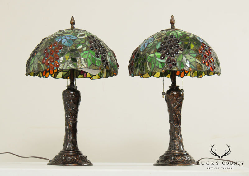 Art Nouveau Style Foliage Table Lamps with Art Glass Shades