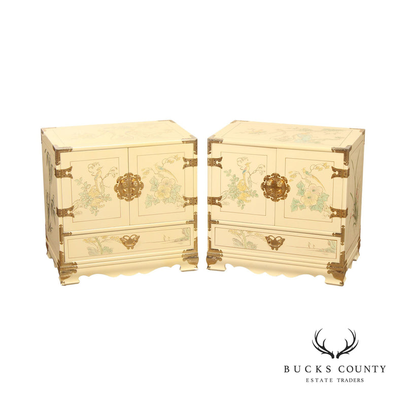 Chinoiserie Paint Decorated Asian Campaign Style Pair Of Nightstands
