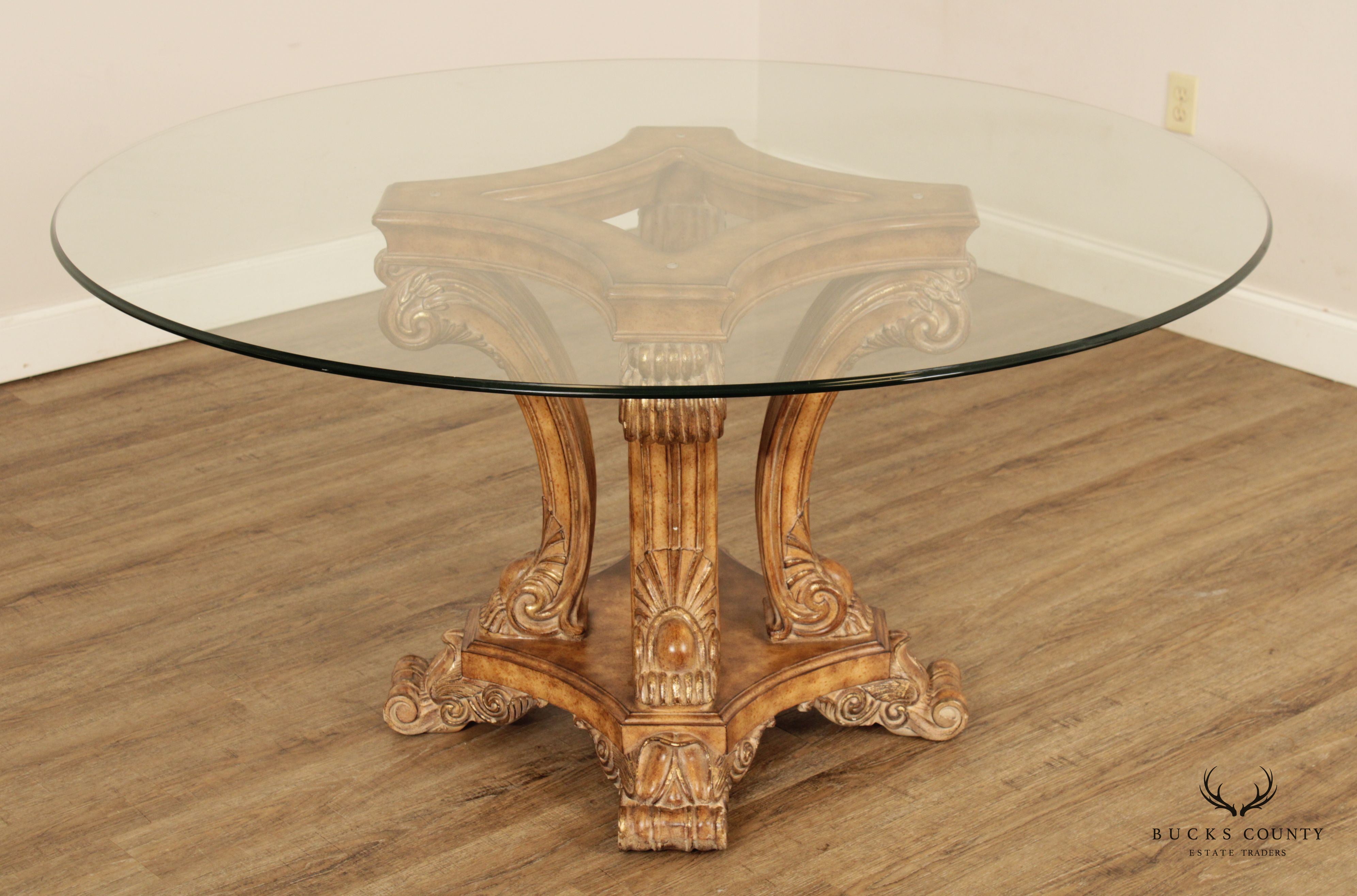 Baroque Style Round Glass Top Pedestal Dining Table