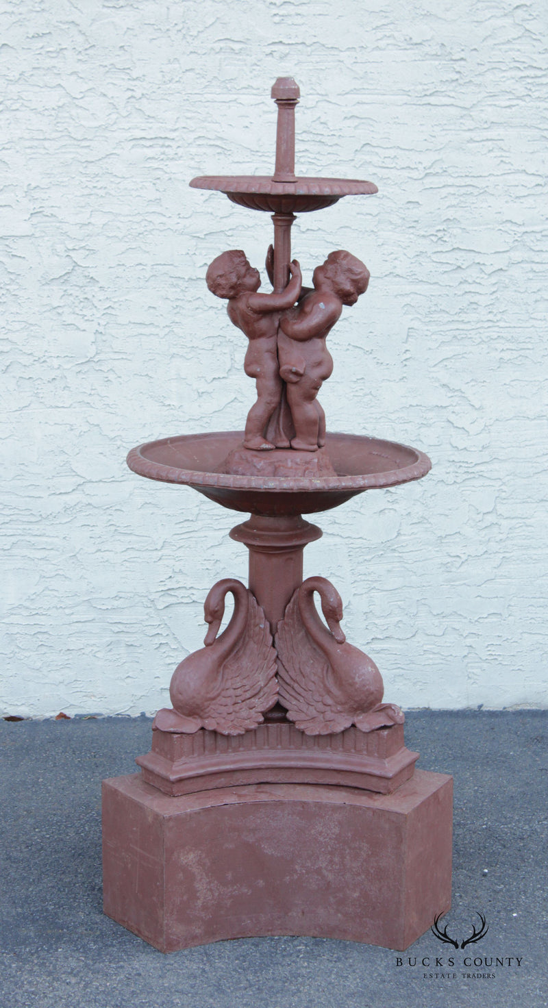 Antique Neoclassical Style Cast Iron Garden Fountain with Cherubs and Swans