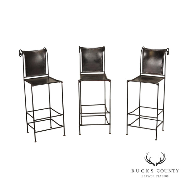 William Sheppee Set of Three Wrought Iron and Leather Bar Stools