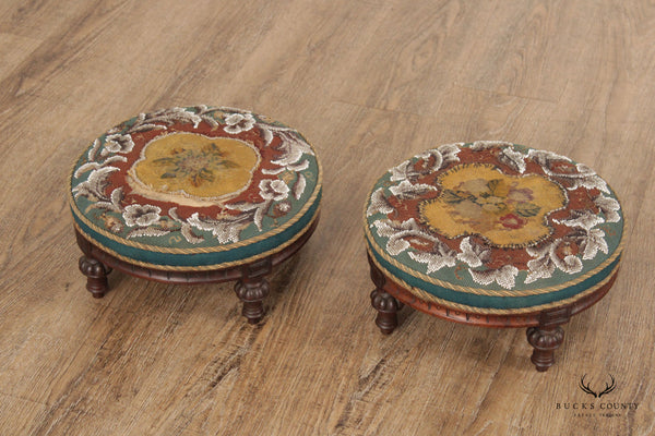 Antique Victorian Pair Round Rosewood Needlepoint Footstools