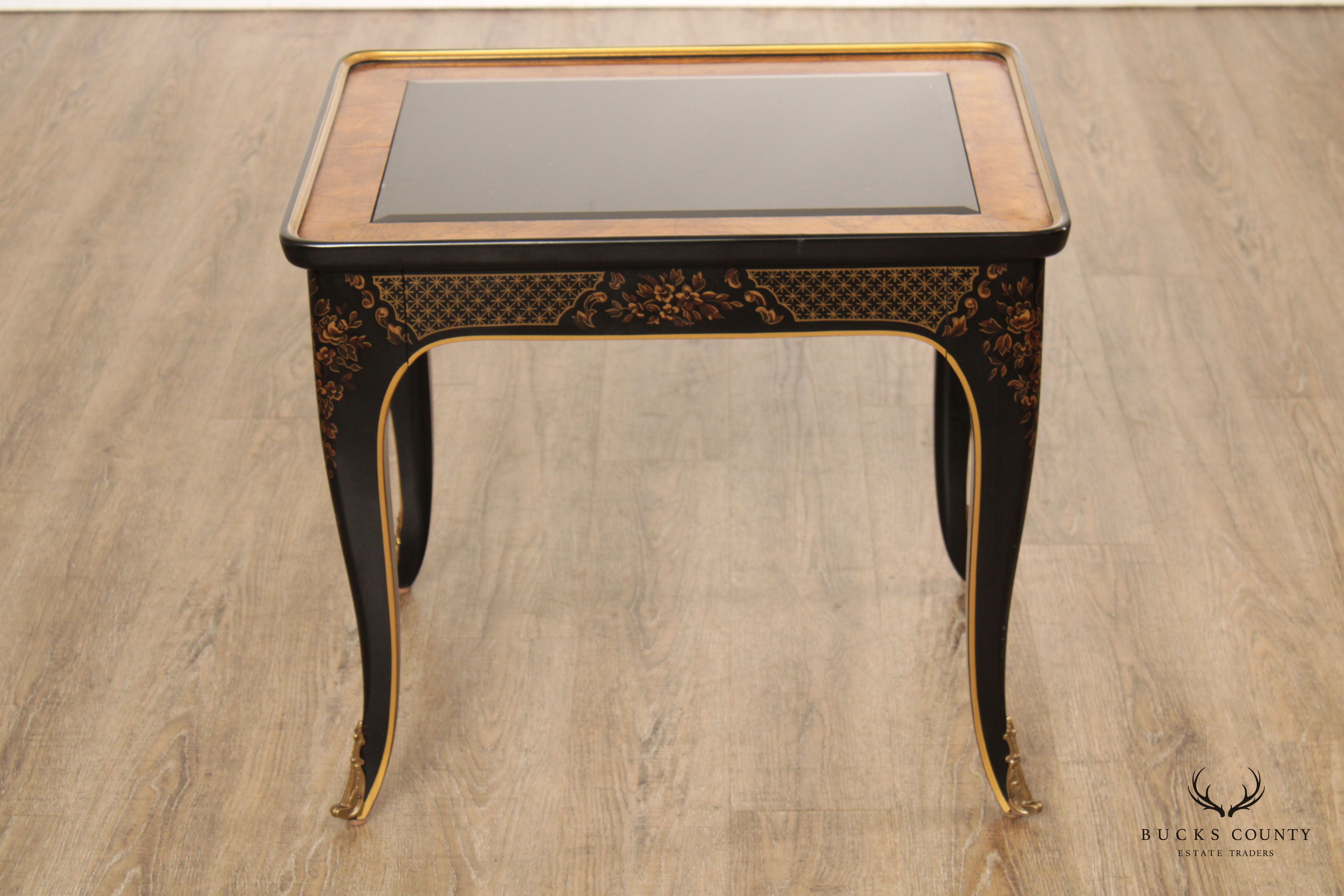 Drexel Et Cetera Chinoiserie Decorated Burlwood Glass Top Side Table