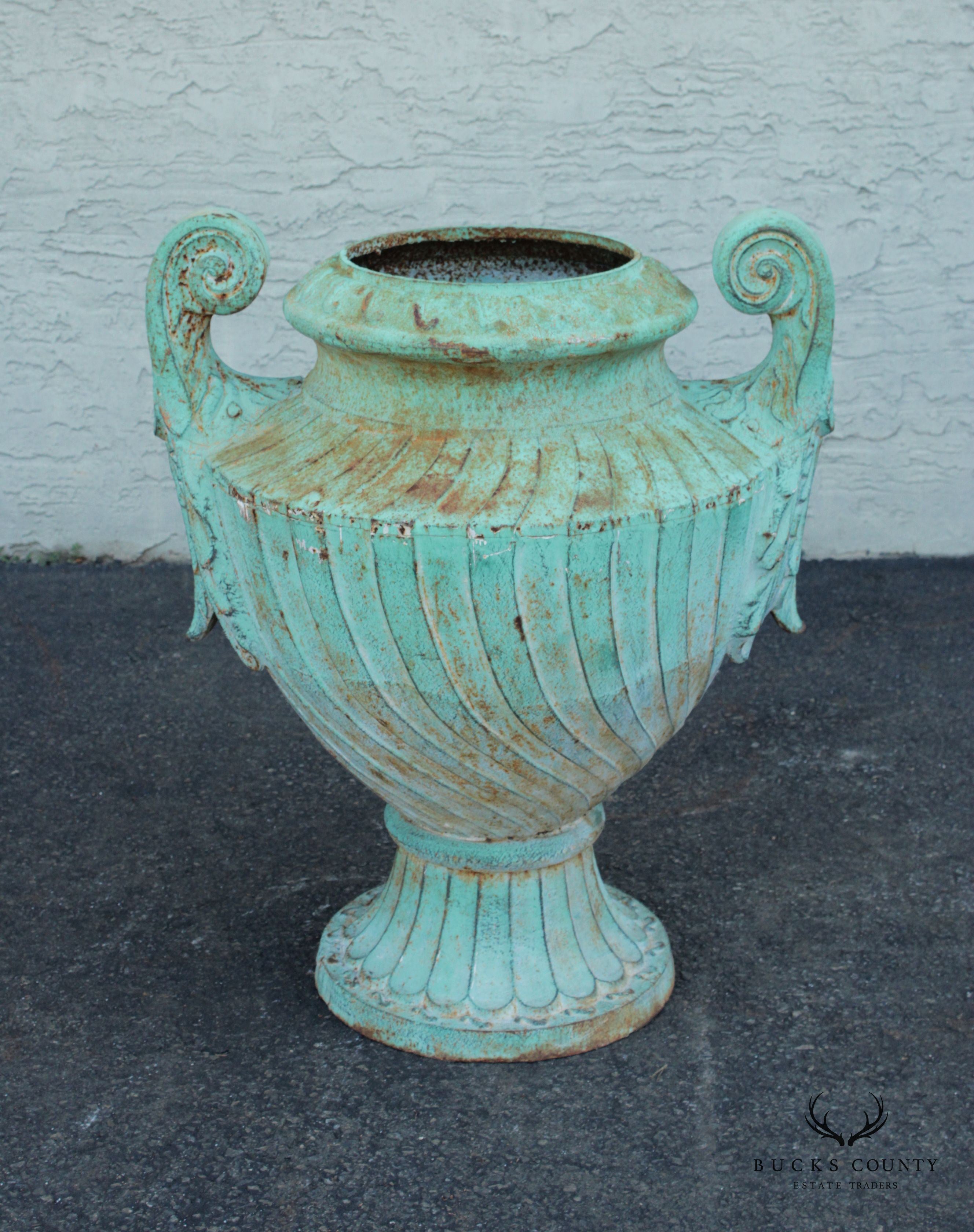 Neoclassical Style Large Pair Verdigris Cast Iron Urn Garden Planters