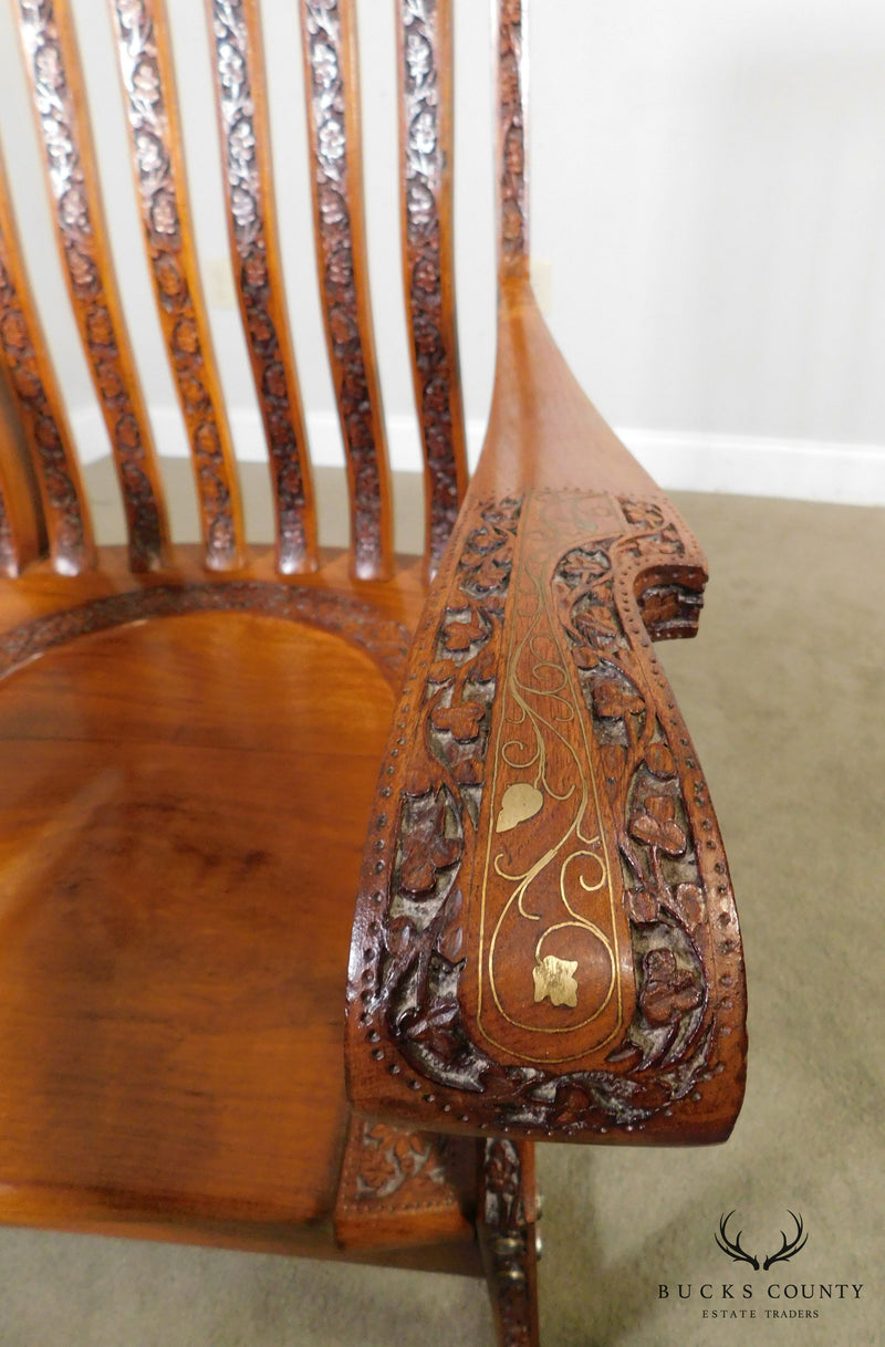 Vintage Indian Carved Hardwood Brass Inlaid Rocker