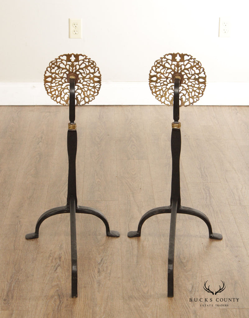 Arts and Crafts Style Quality Pair of Iron and Brass Andirons