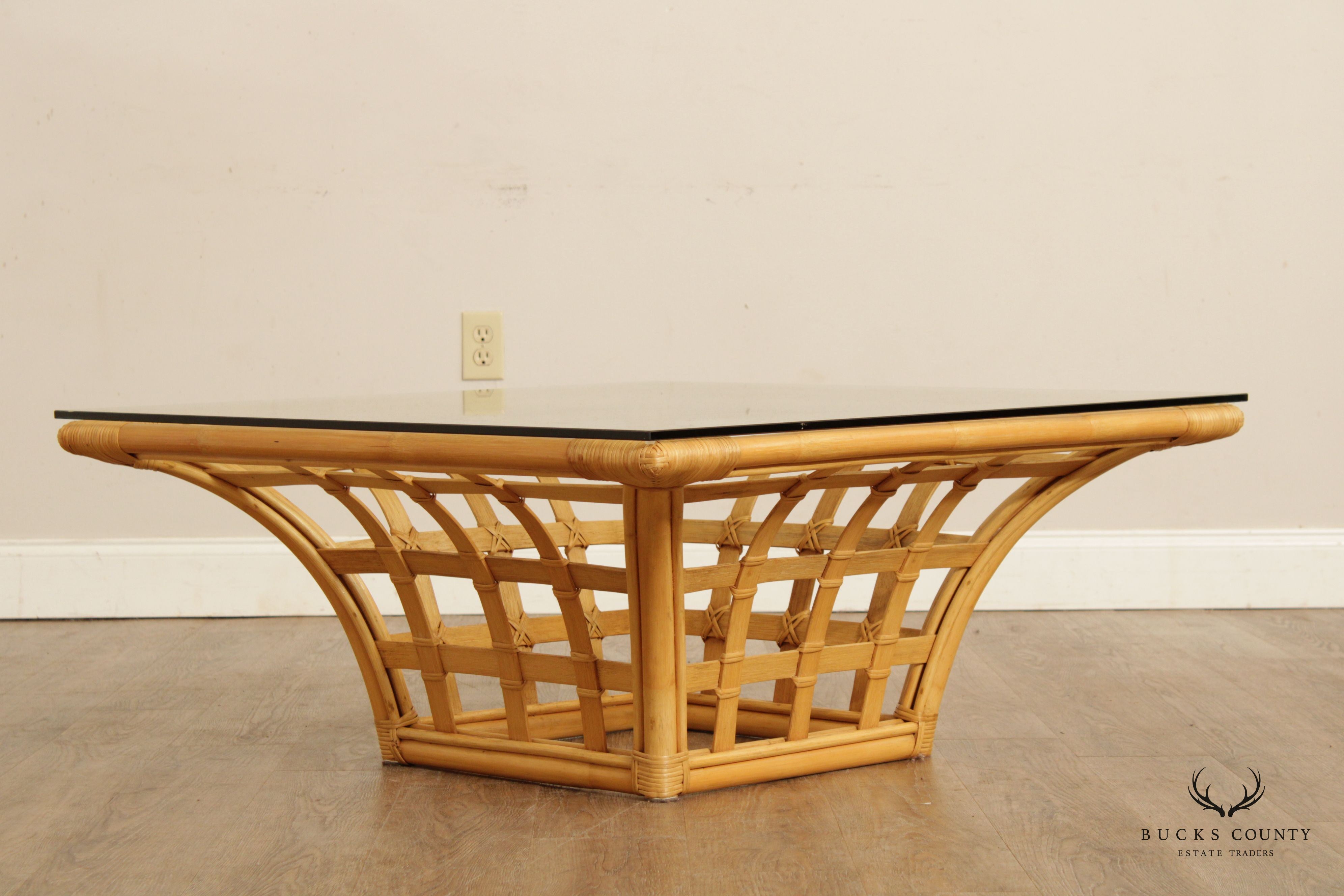 1970's Modern Rattan Glass Top Square Coffee Table