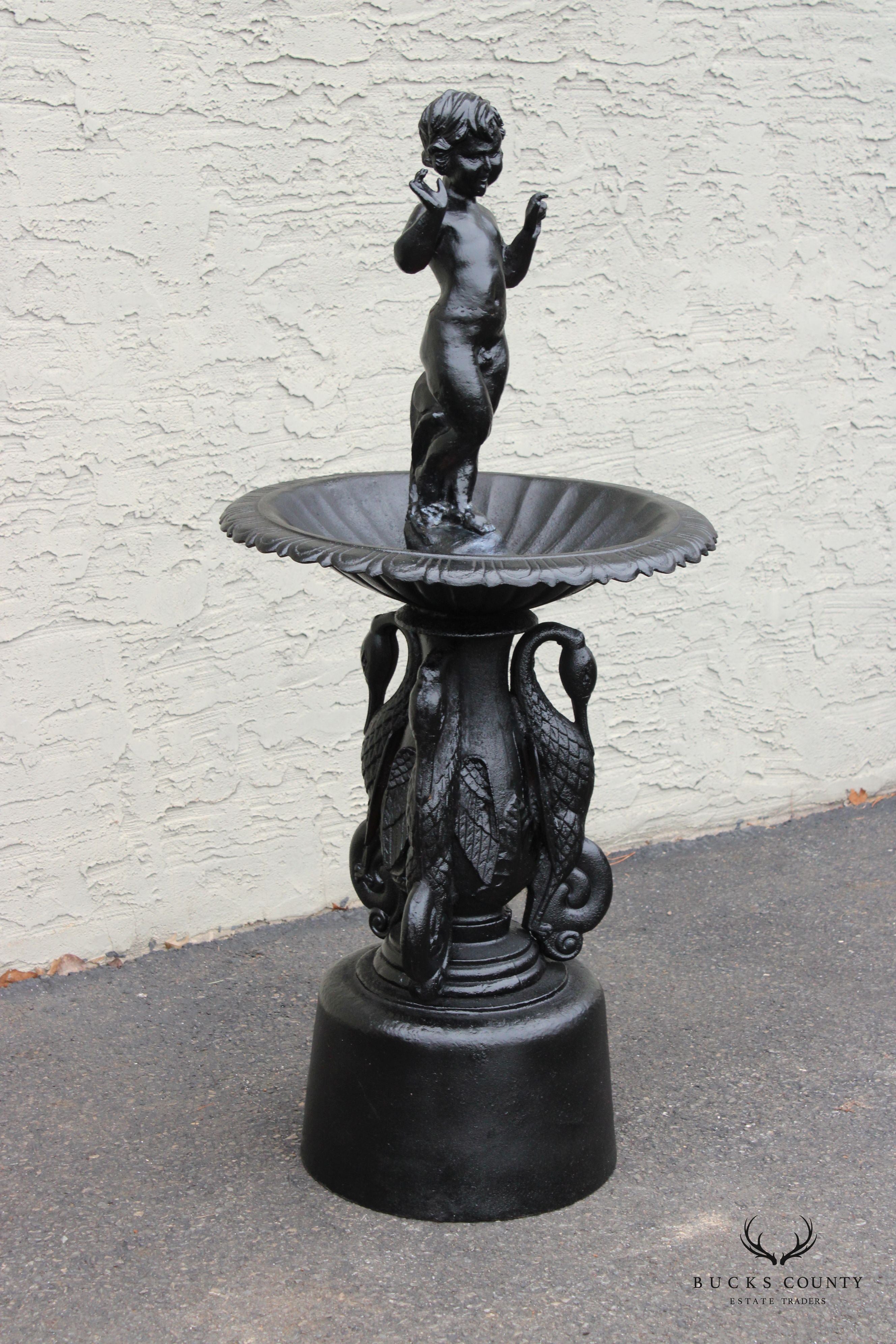 Neoclassical Style Cast Iron Cherub and Swan Garden Bird Bath