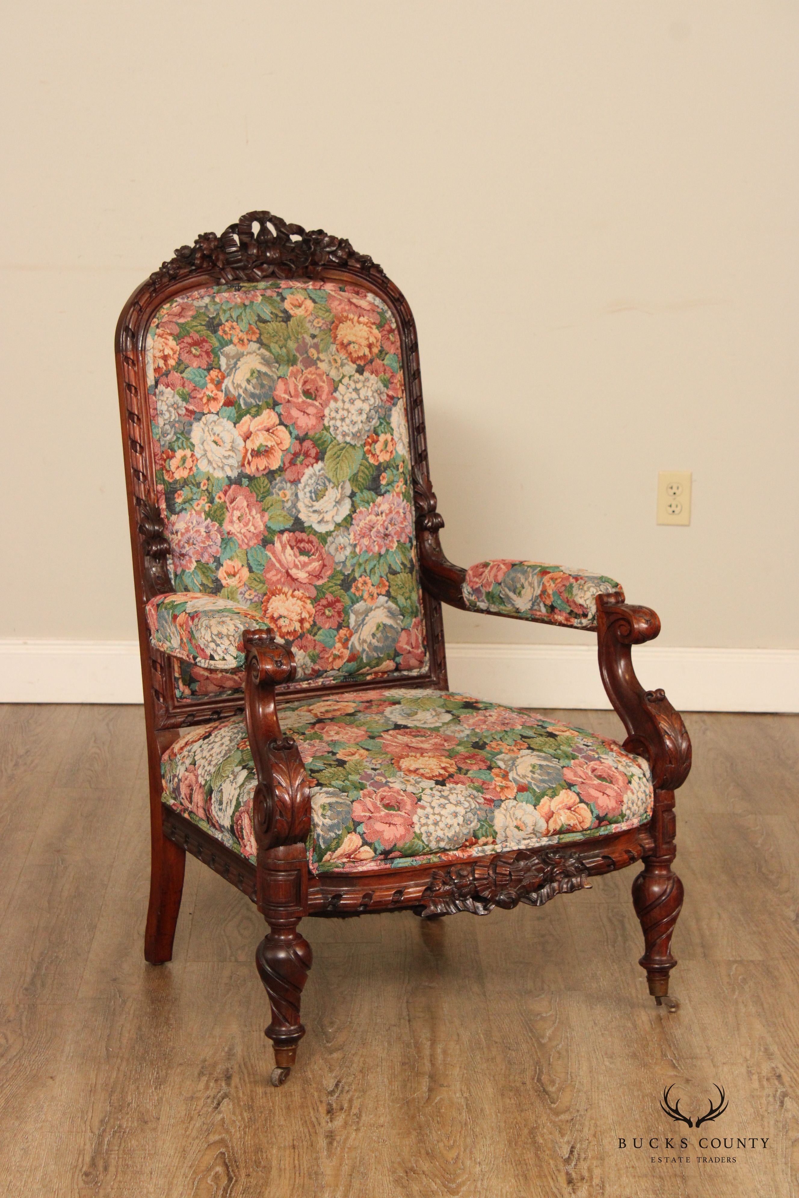 Antique Renaissance Revival Rosewood Carved Library Armchair