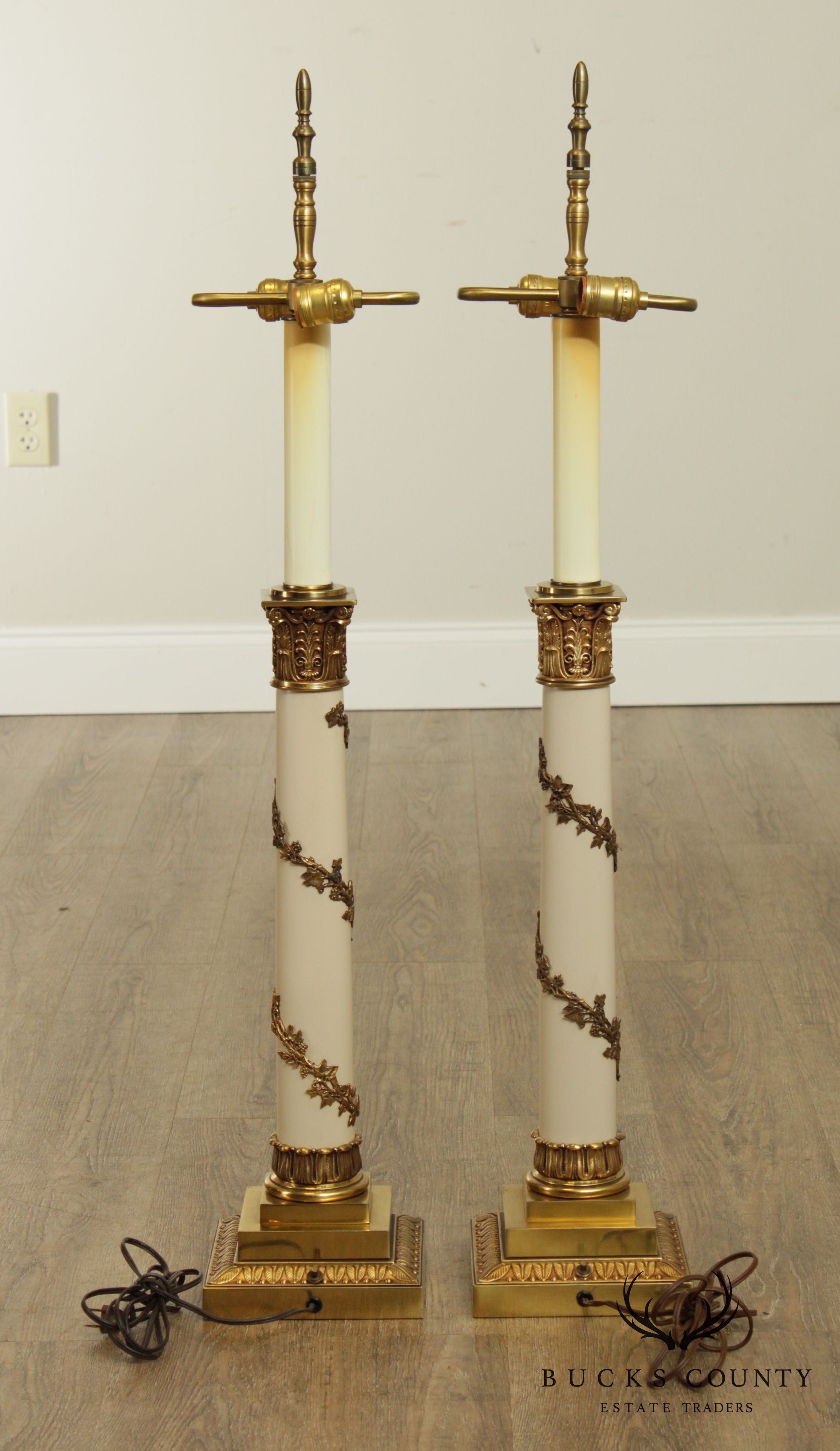 Stiffel Neo-Classical Style Pair Ivory Lacquered And Brass Column Table Lamps