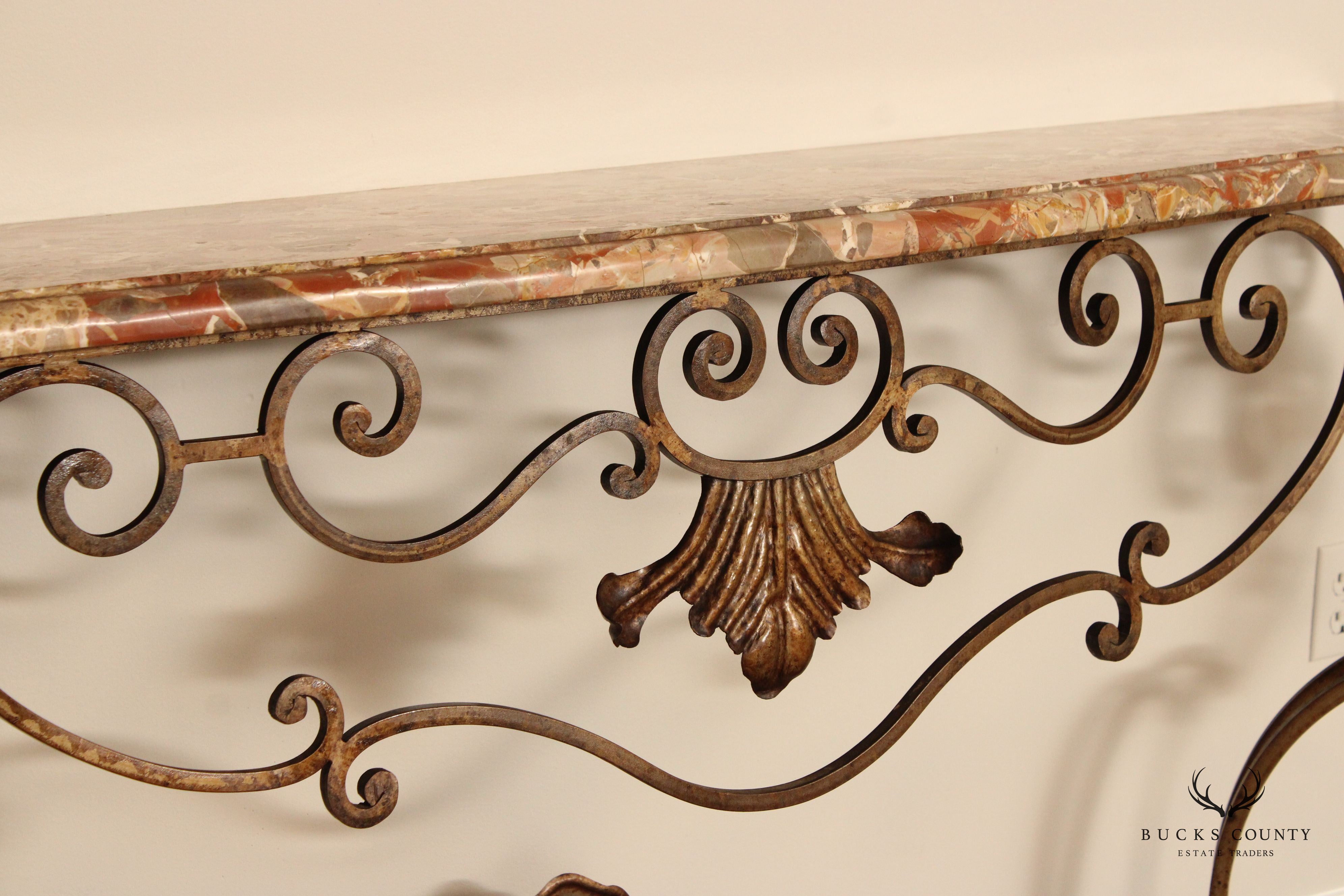 Rococo Style Custom Wrought Iron Marble Top Console Table