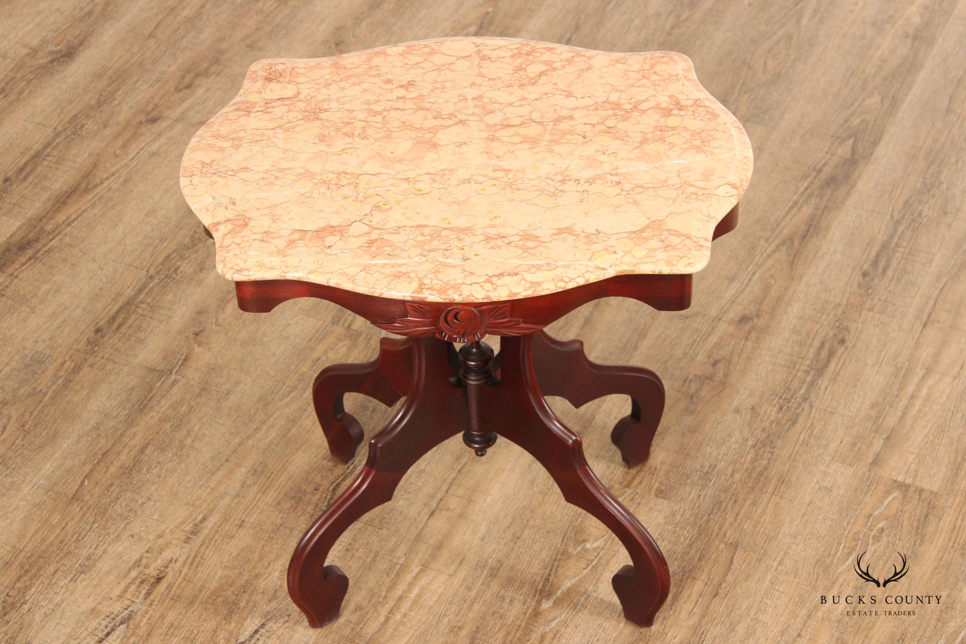 Victorian Style Italian Marble Top Carved Mahogany Side Table